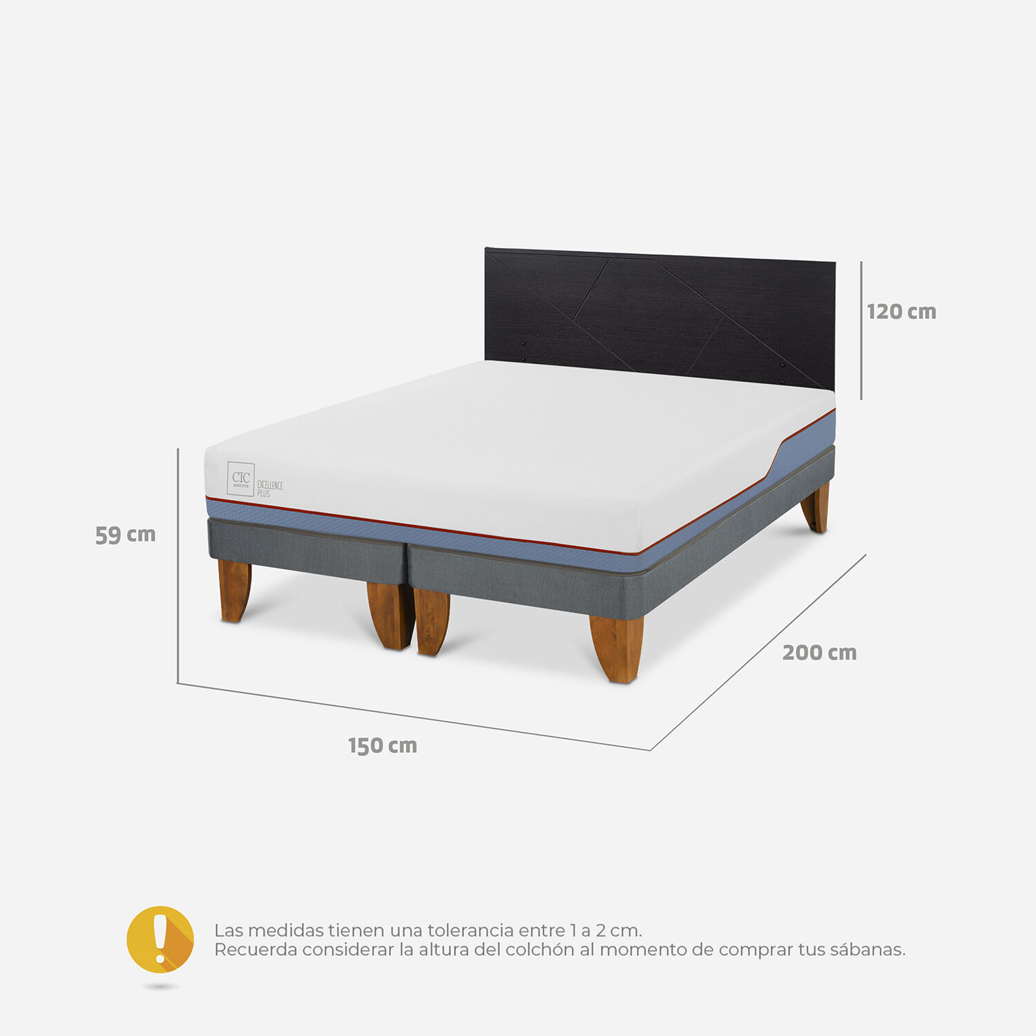 Cama Europea 2 Plazas Excellence Plus Base Dividida + Respaldo Villarrica Negro