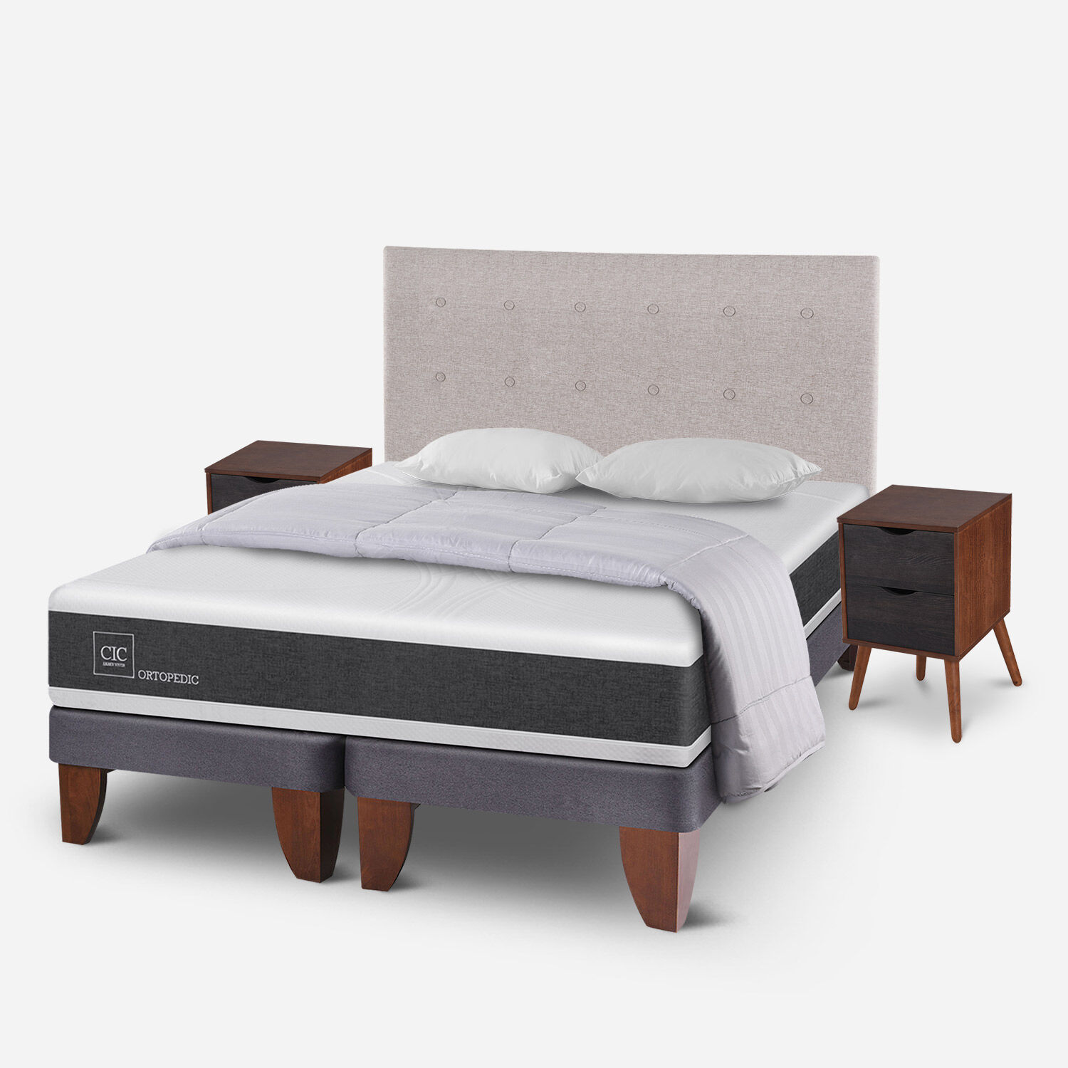 Cama Europea 2 Plazas Ortopedic Base Dividida + Almohadas + Plum&oacute;n + Set Tigris