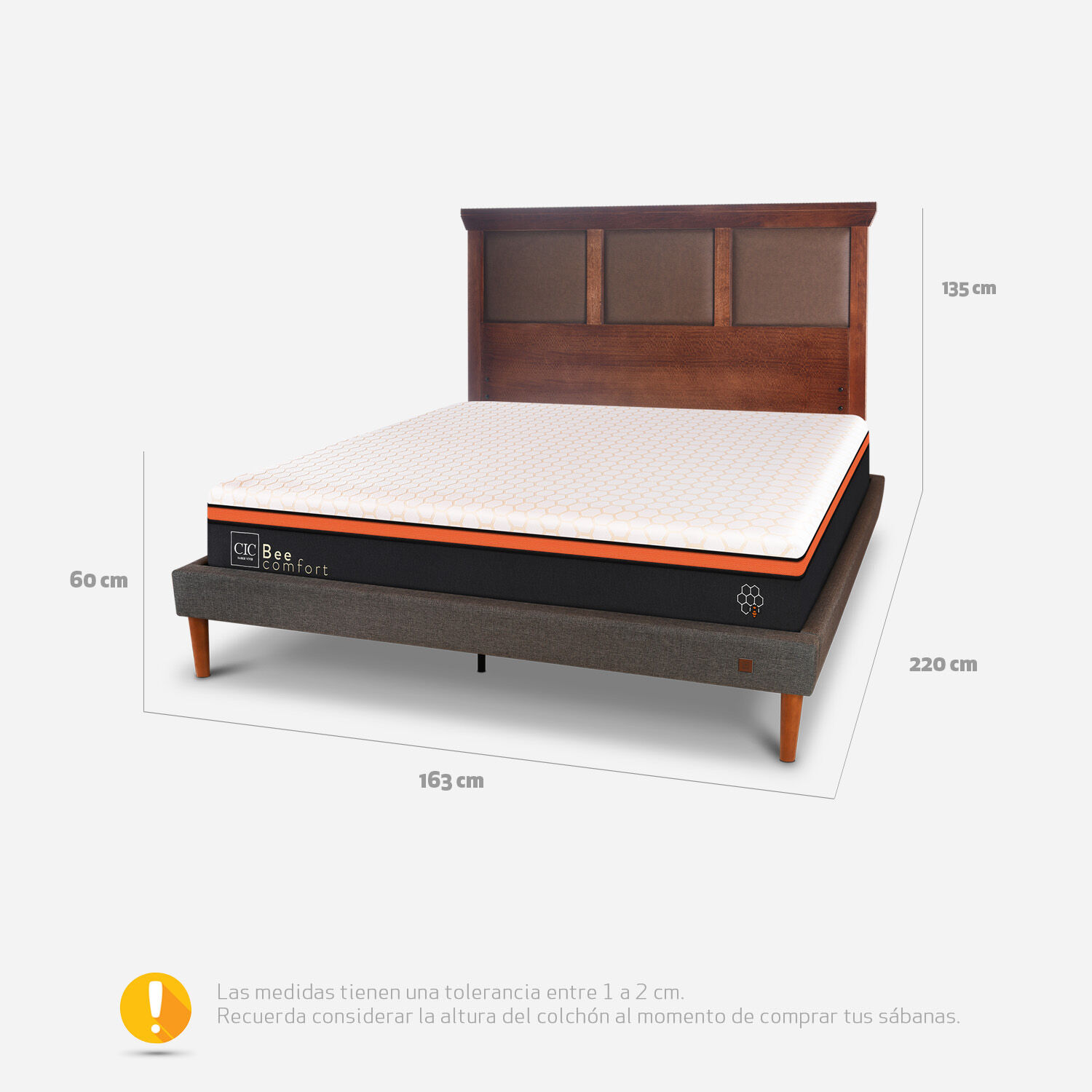 Cama Europea Curve 2 Plazas Bee Comfort + Respaldo Torino Caramel