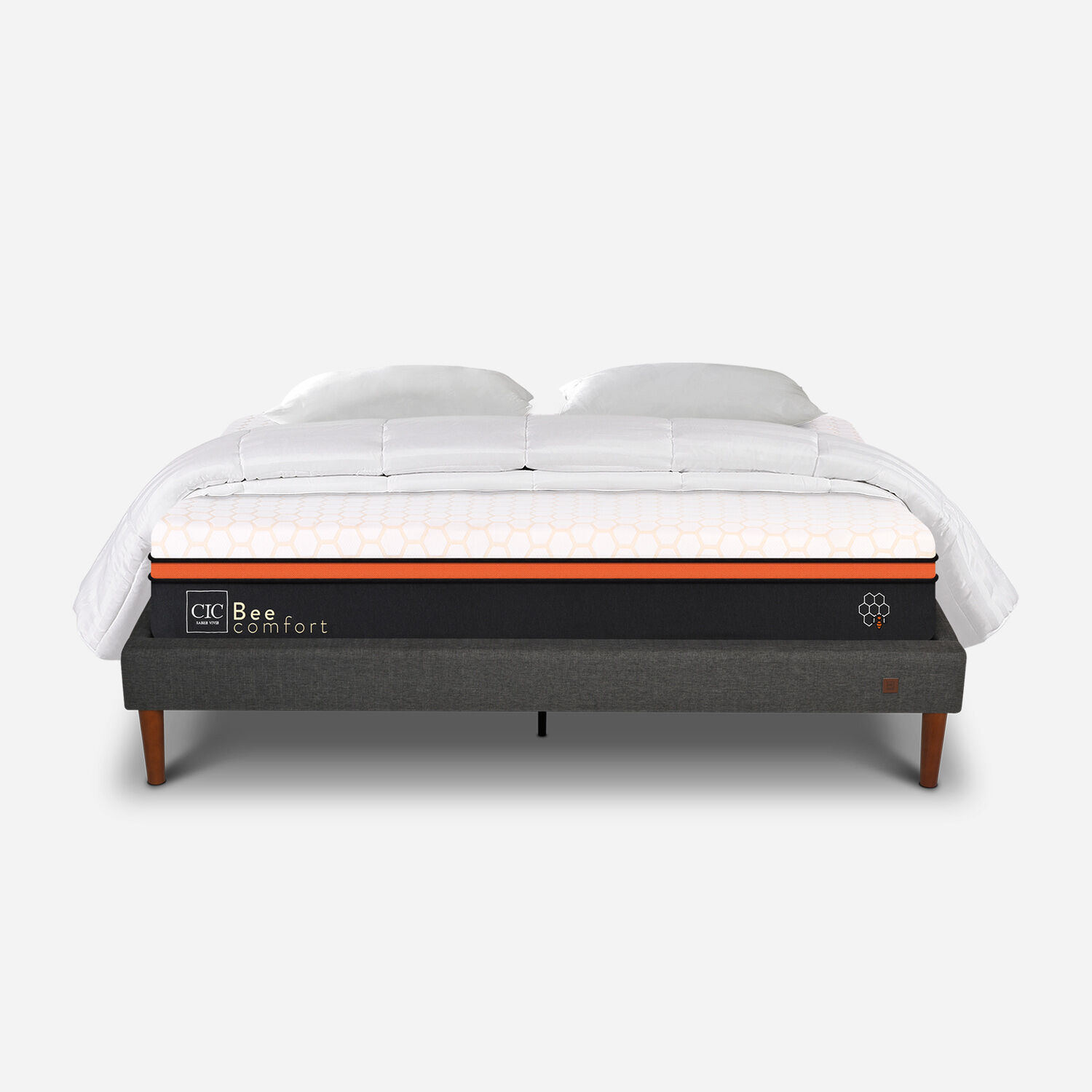 Cama Europea Curve 2 Plazas Bee Comfort + Almohadas Viscoel&aacute;sticas + Plum&oacute;n