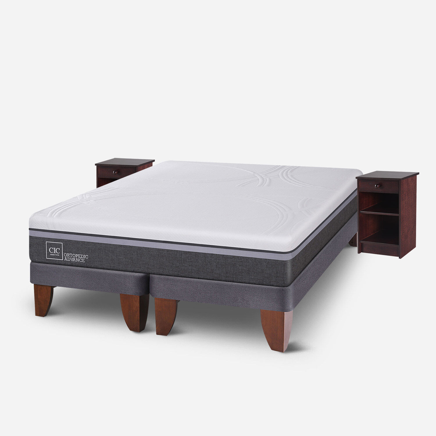 Cama Europea 2 Plazas Ortopedic Advance Base Dividida + Veladores Dublín Chocolate