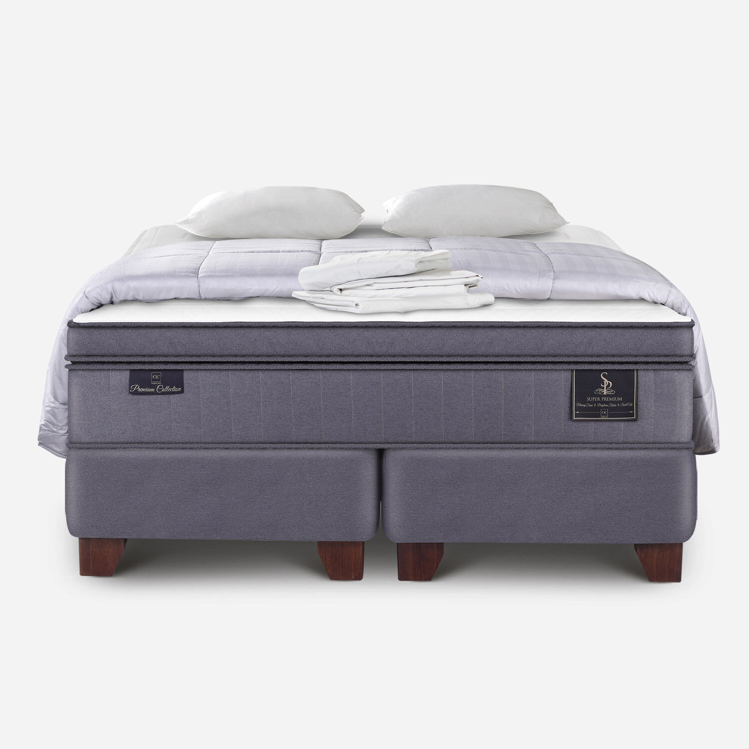 Box Spring 2 Plazas Super Premium Base Dividida + Almohadas Viscoel&aacute;sticas + S&aacute;banas + Plum&oacute;n