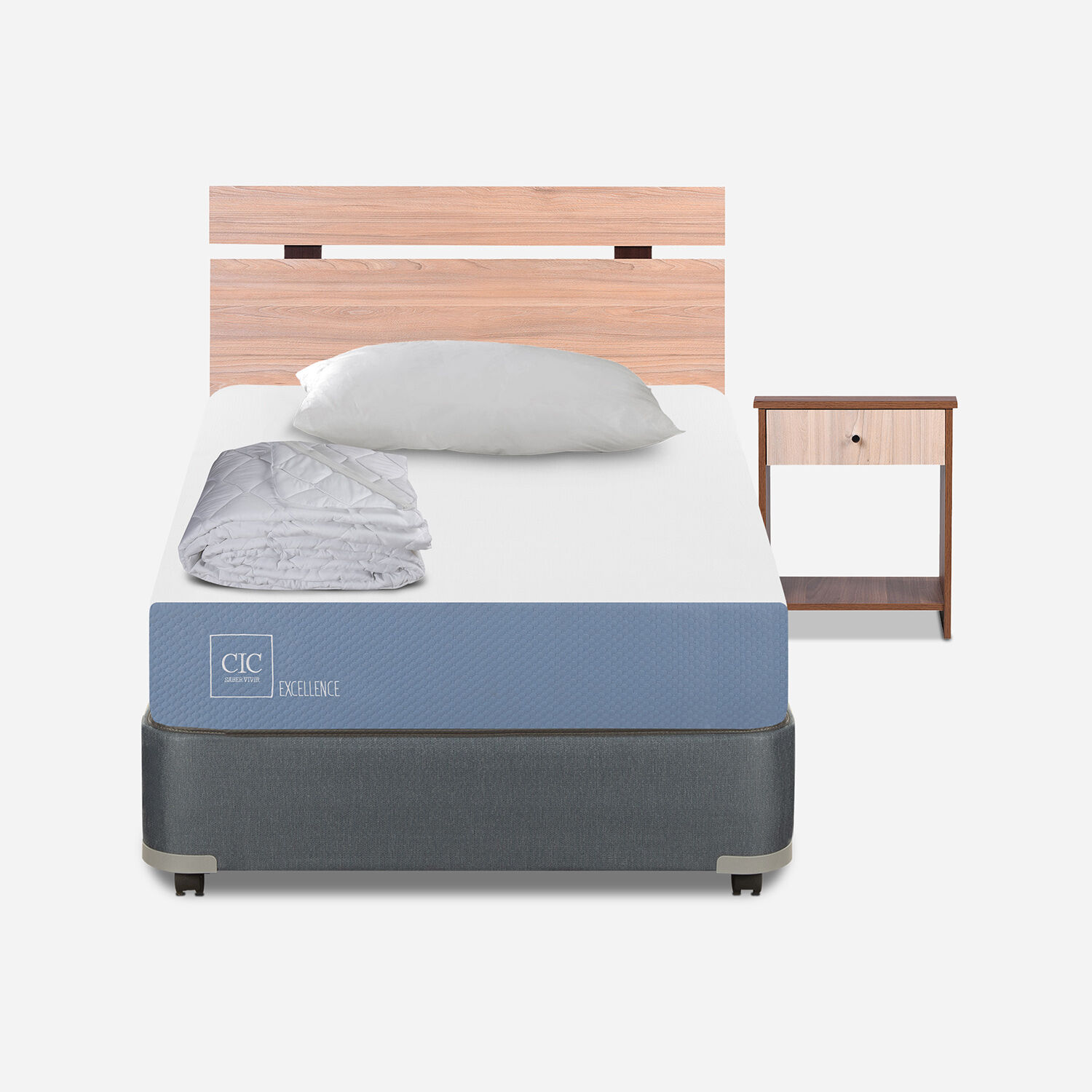 Cama Americana 1,5 Plazas Excellence + Set Olmo + Almohada + Plum&oacute;n