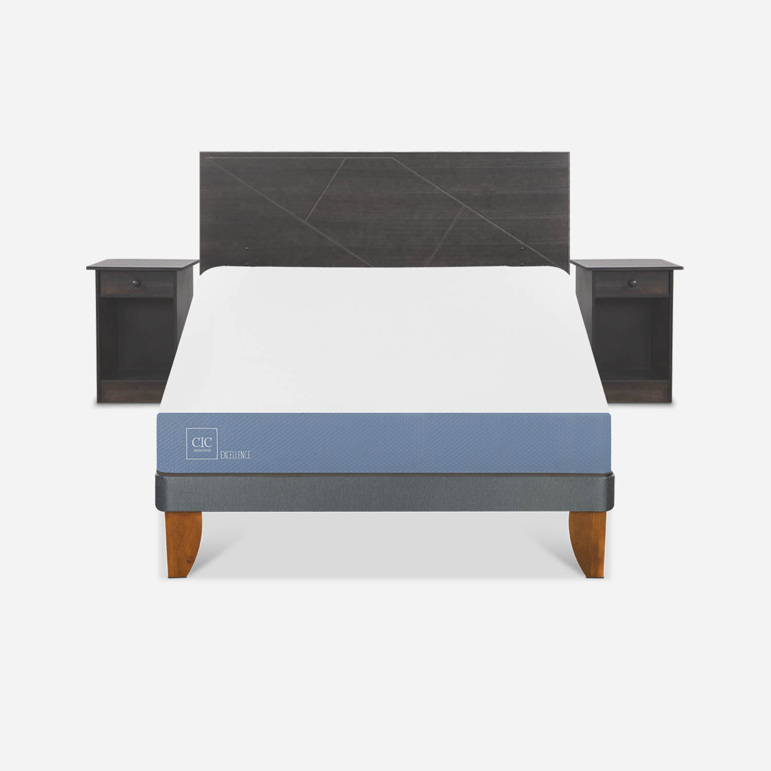 Cama Europea 2 Plazas Excellence Base Normal + Set Villarrica Gris