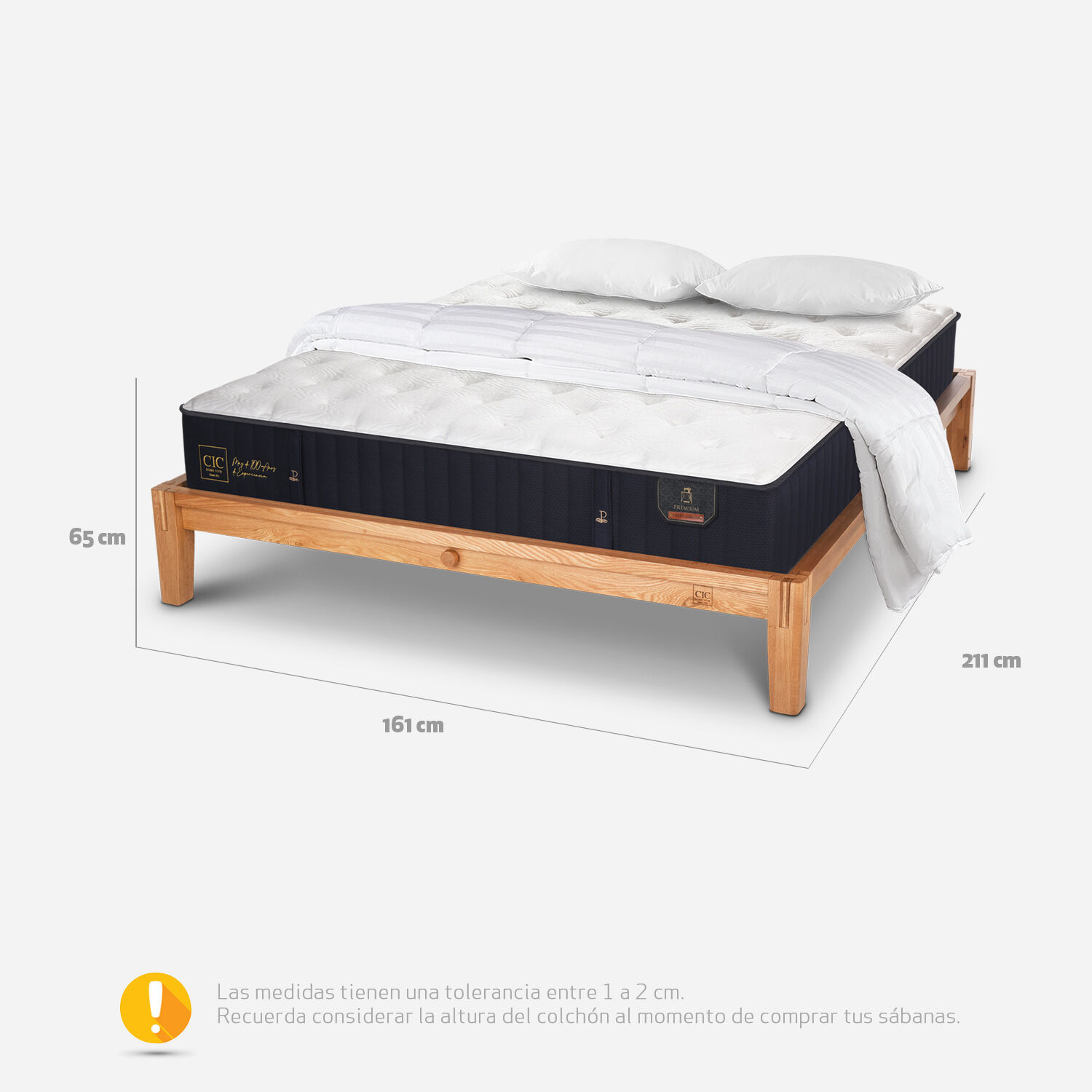 Cama Oak 2 Plazas Premium + Almohadas Viscoelásticas + Plumón
