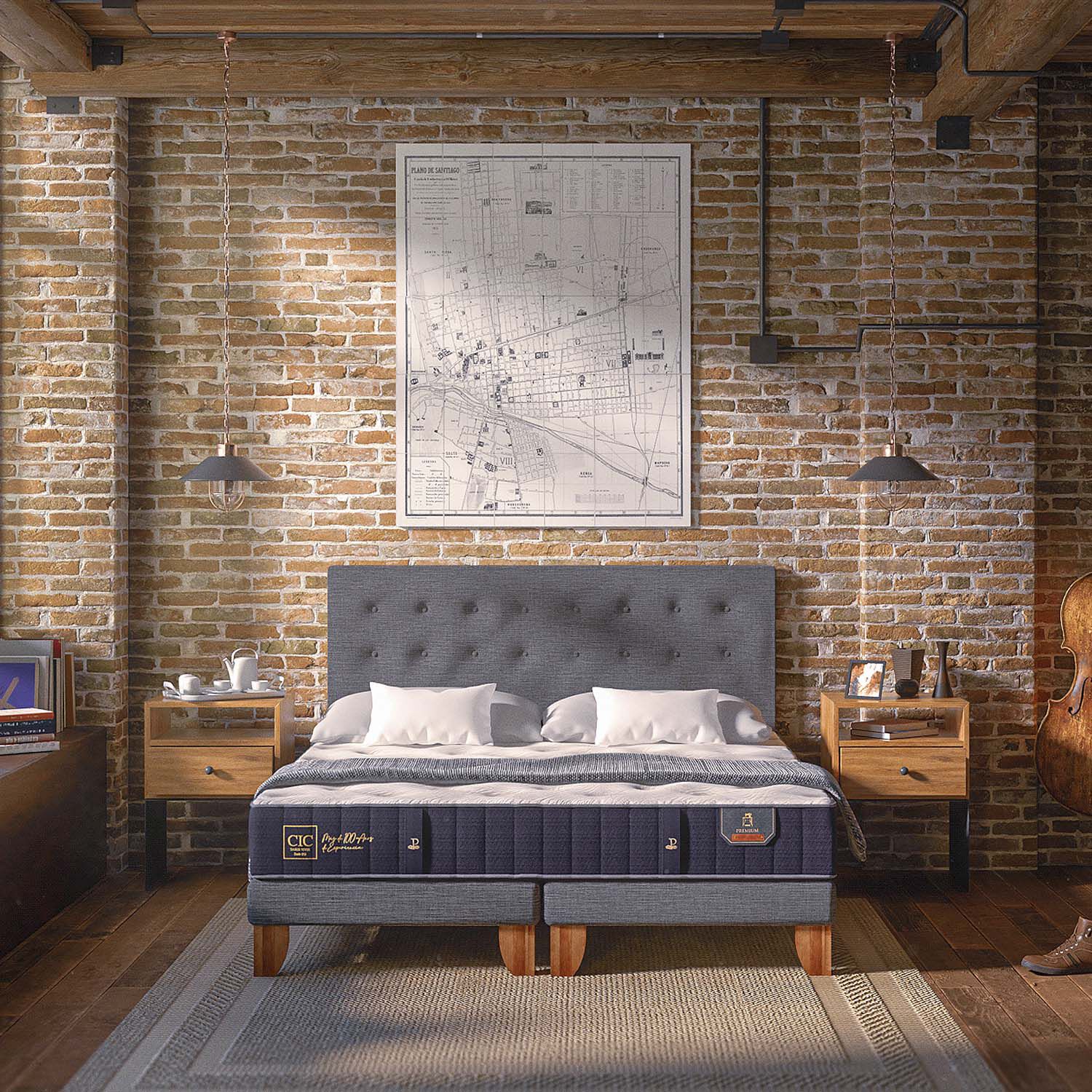 Cama Europea King Premium + Set Kaveri + Plum&oacute;n 15% Pluma de Ganso