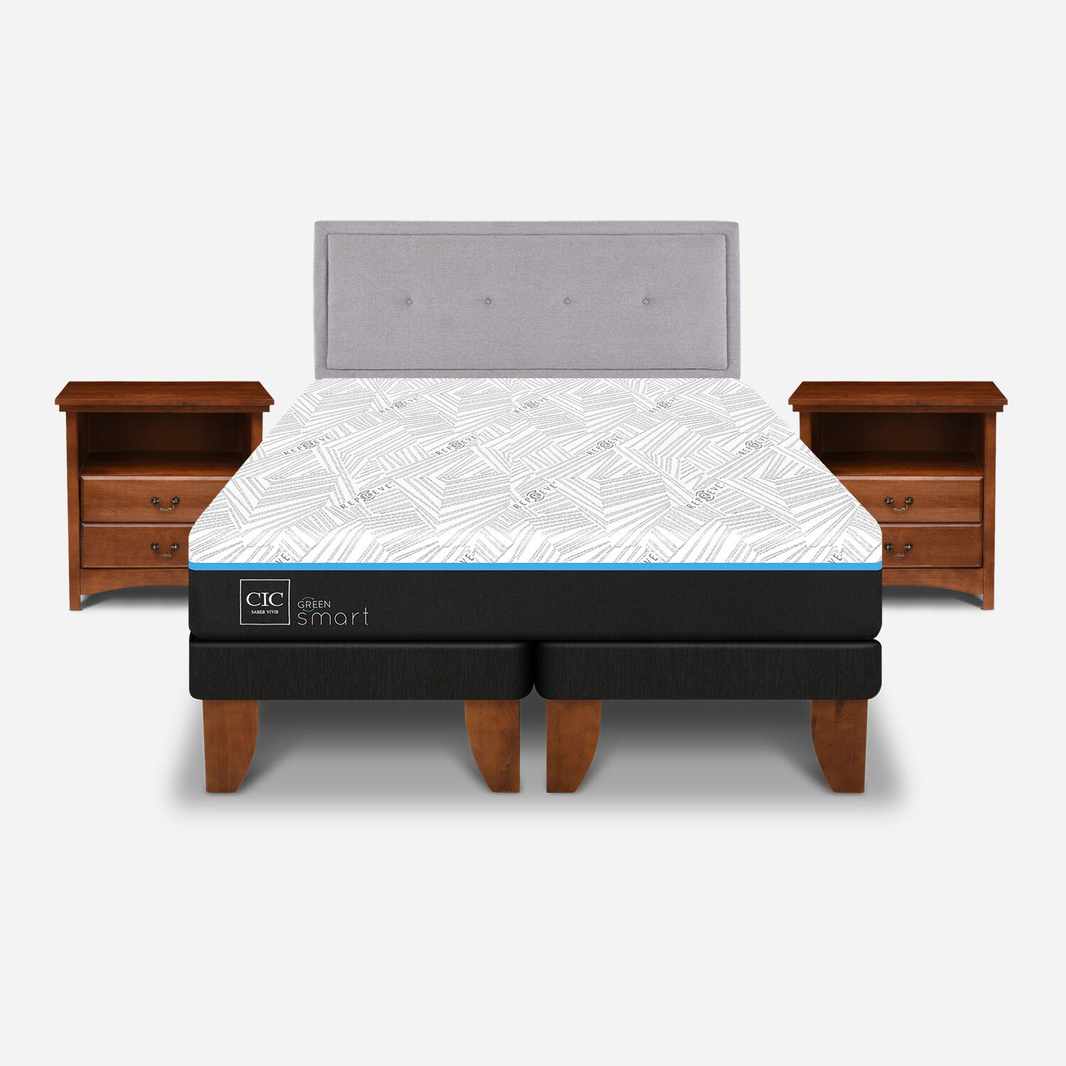 Cama Europea 2 Plazas Base Dividida Infinity Green + Set Ganges