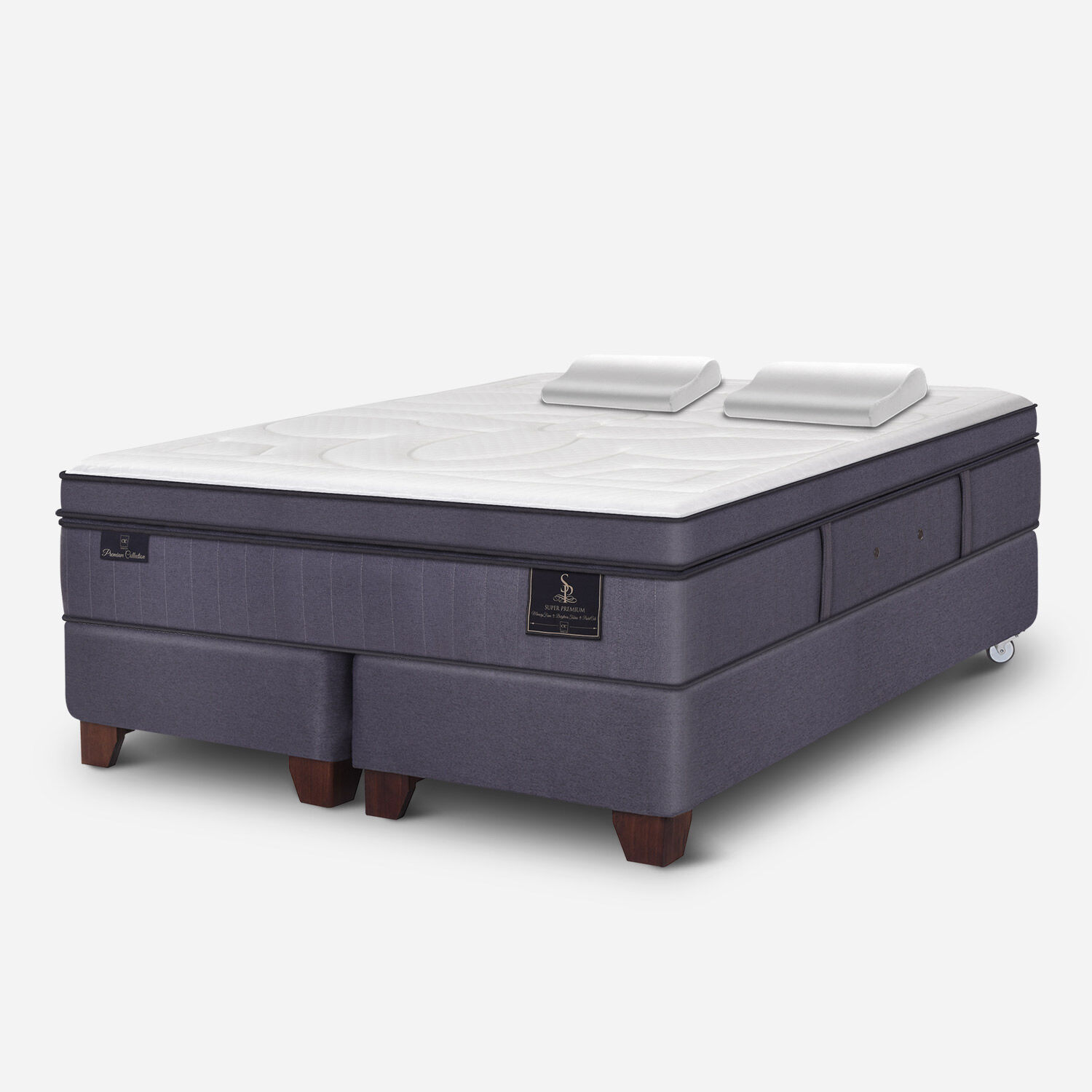 Box Spring 2 Plazas Super Premium Base Dividida + Almohadas Viscoel&aacute;sticas