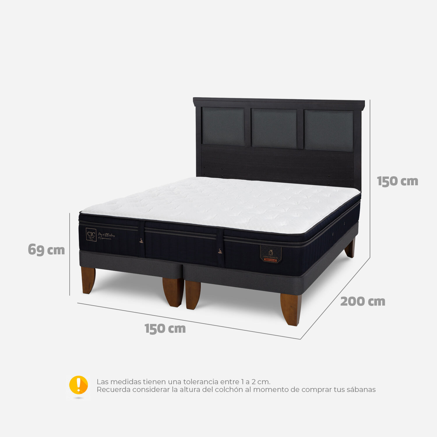 Cama Europea 2 Plazas Super Premium Base Dividida + Respaldo Torino Negro