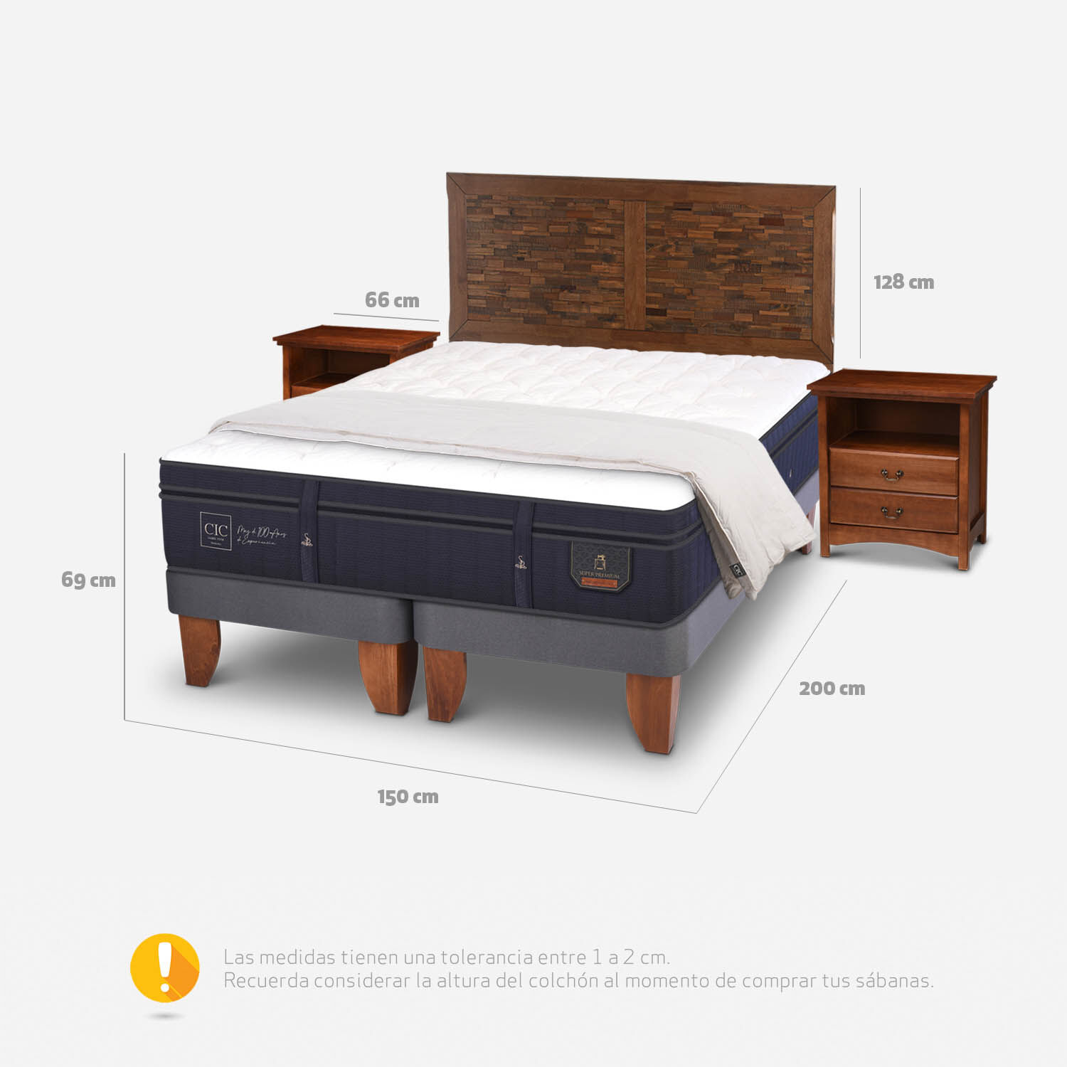Cama Europea 2 Plazas Base Dividida Super Premium + Set Antique + Plumón 15% Pluma de Ganso