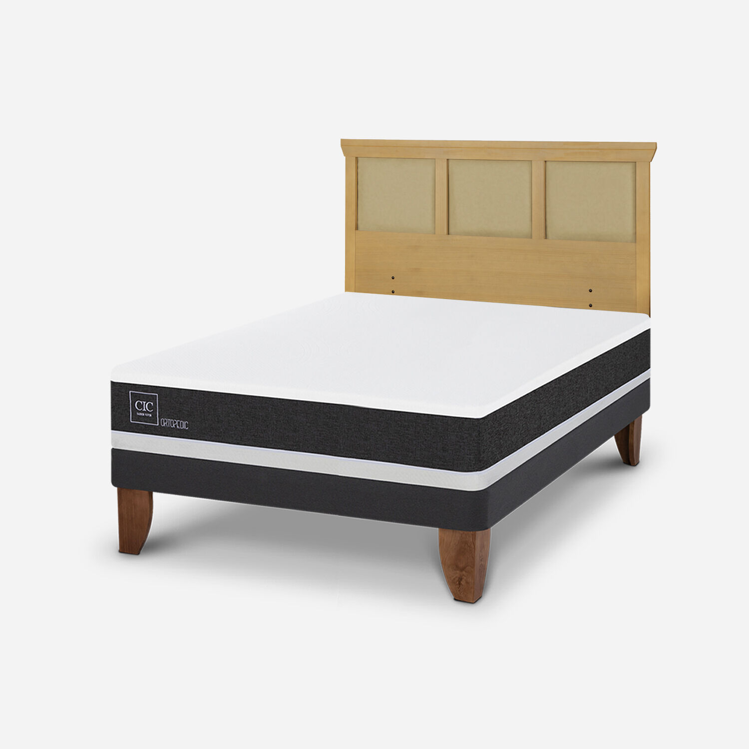 Cama Europea 2 Plazas Ortopedic Base Normal + Respaldo Torino Mostaza