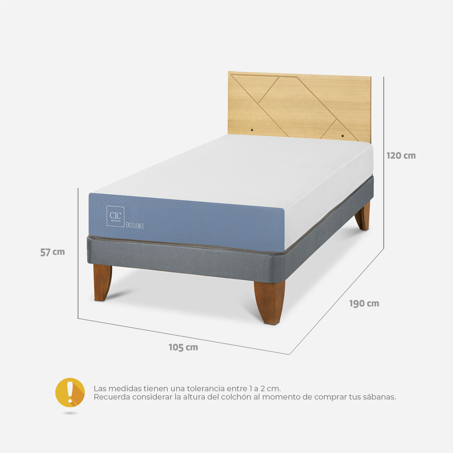 Cama Europea 1,5 Plazas Excellence + Respaldo Villarrica Mostaza