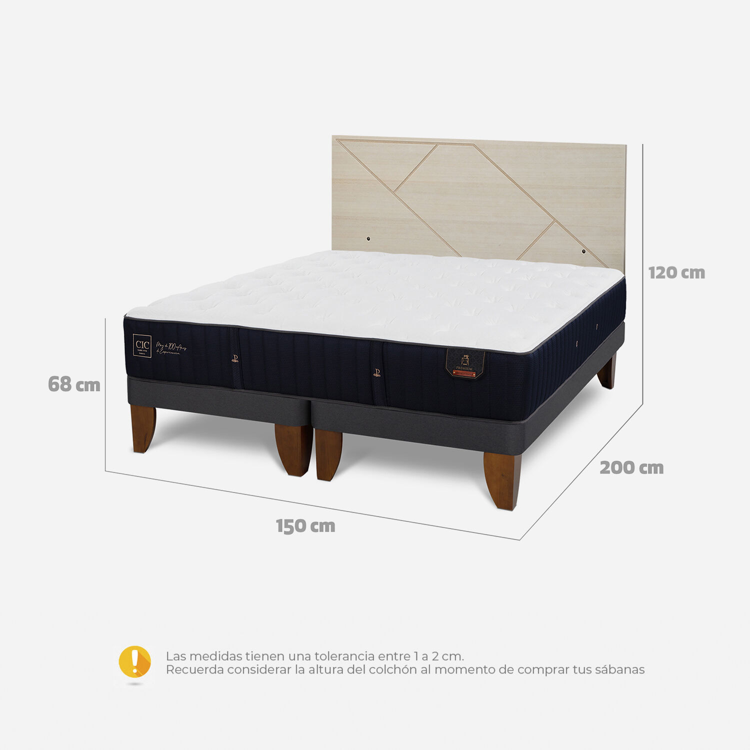 Cama Europea 2 Plazas Premium Base Dividida + Respaldo Villarrica Alpino