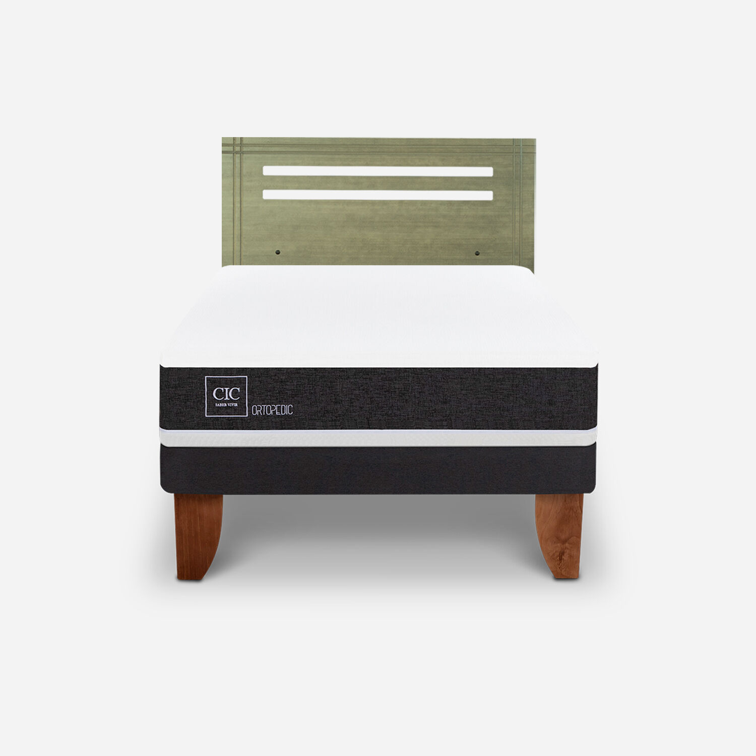 Cama Europea 1,5 Plazas Ortopedic + Respaldo M&uacute;nich Olivo