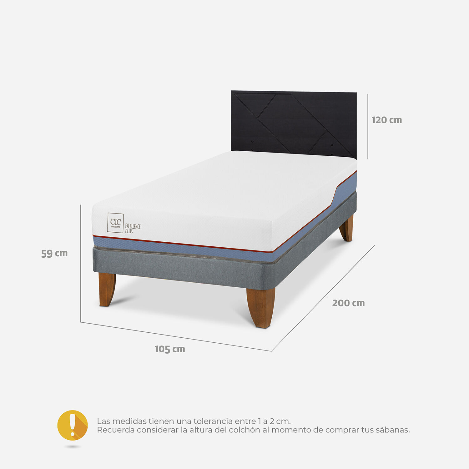 Cama Europea 1,5 Plazas Excellence Plus + Respaldo Villarrica Negro