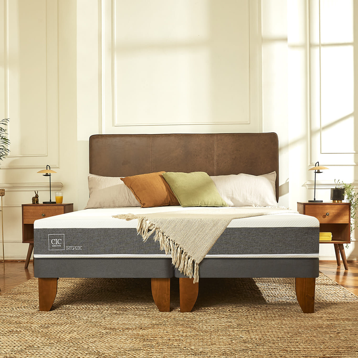 Cama Europea 2 Plazas Ortopedic Base Dividida + Respaldo Milán Negro