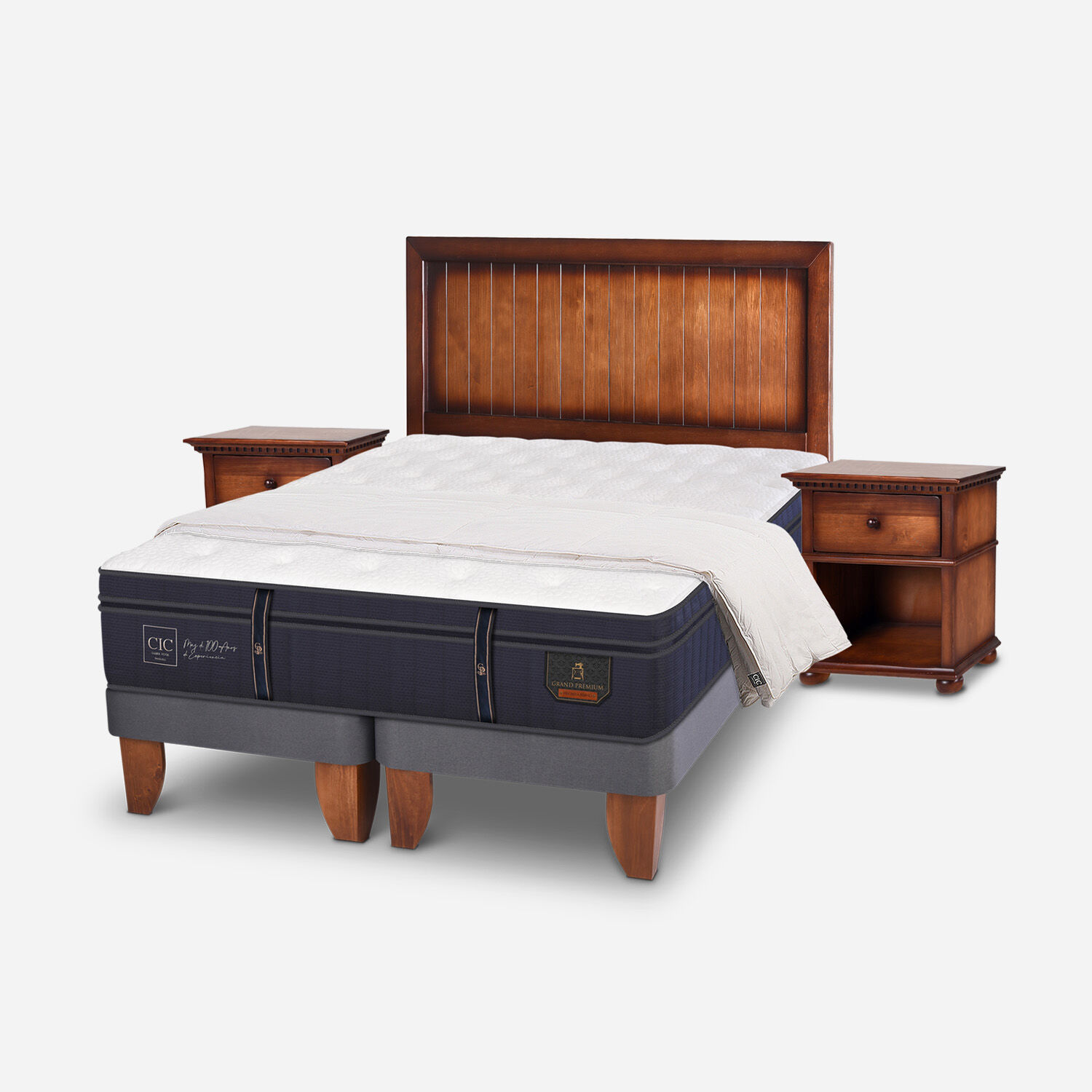 Cama Europea 2 Plazas Base Dividida Grand Premium + Set Monterrey + Plumón 15% Pluma de Ganso
