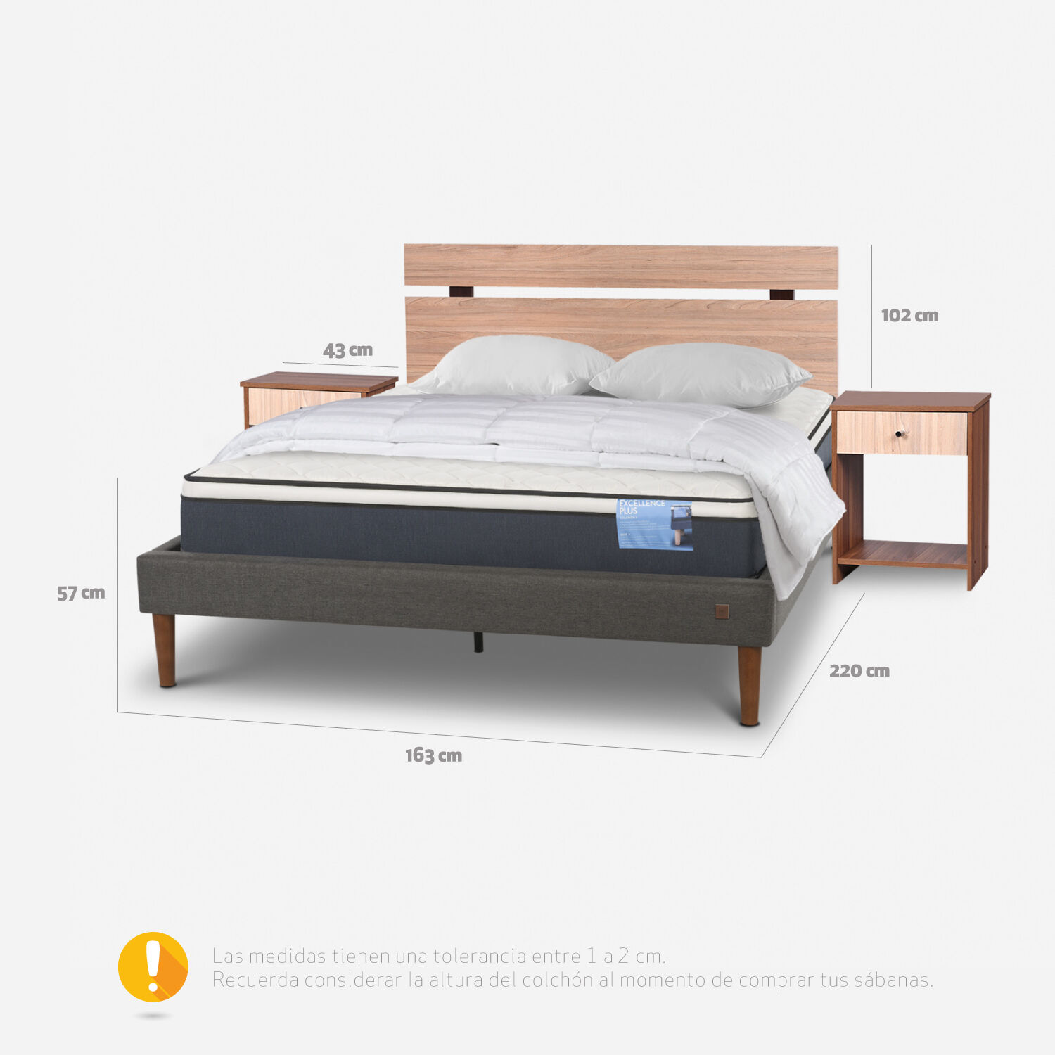 Cama Europea Curve 2 Plazas Excellence Plus + Set Olmo + Plum&oacute;n + Almohada