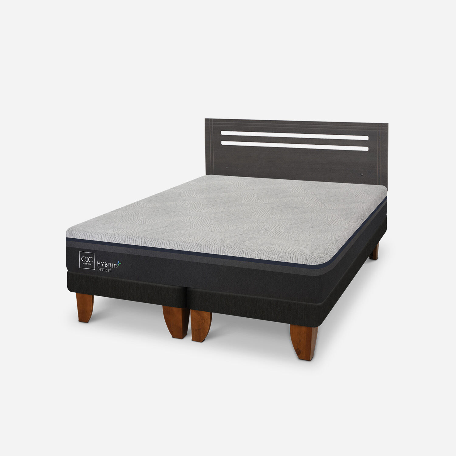 Cama Europea 2 Plazas Hybrid Plus Smart Base Dividida + Respaldo Munich Gris