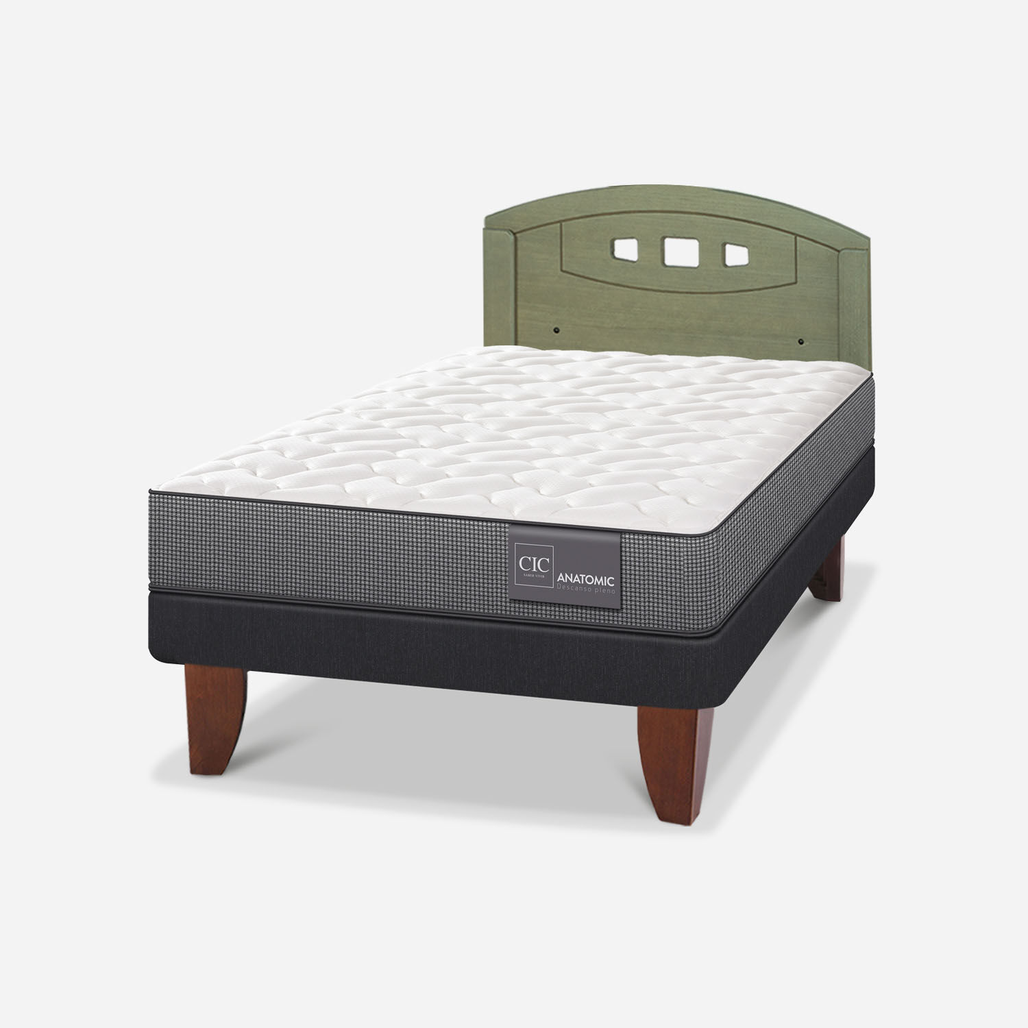 Cama Europea 1,5 Plazas Anatomic + Respaldo Gales Olivo
