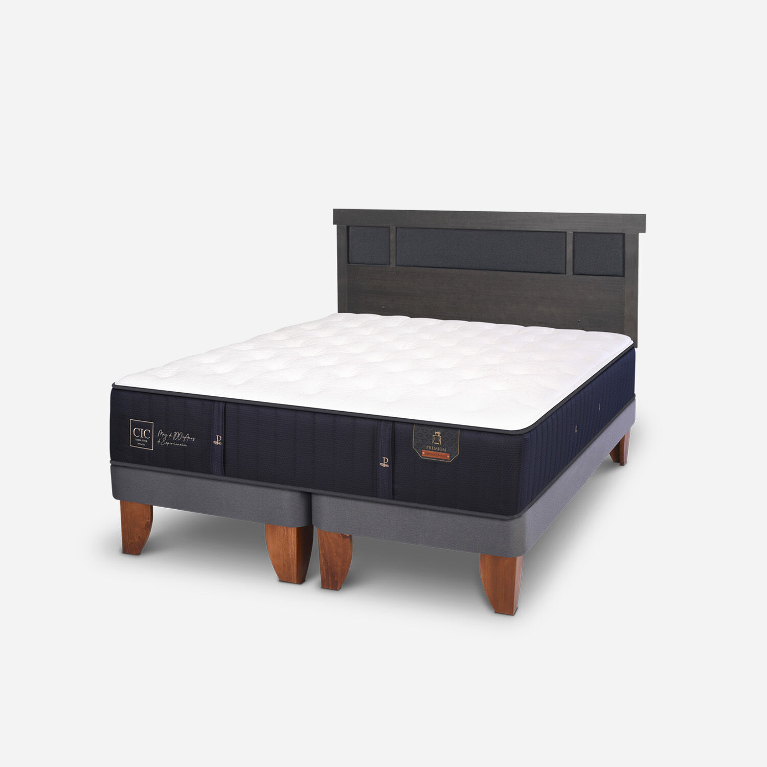 Cama Europea 2 Plazas Premium Base Dividida + Respaldo Dublín Gris