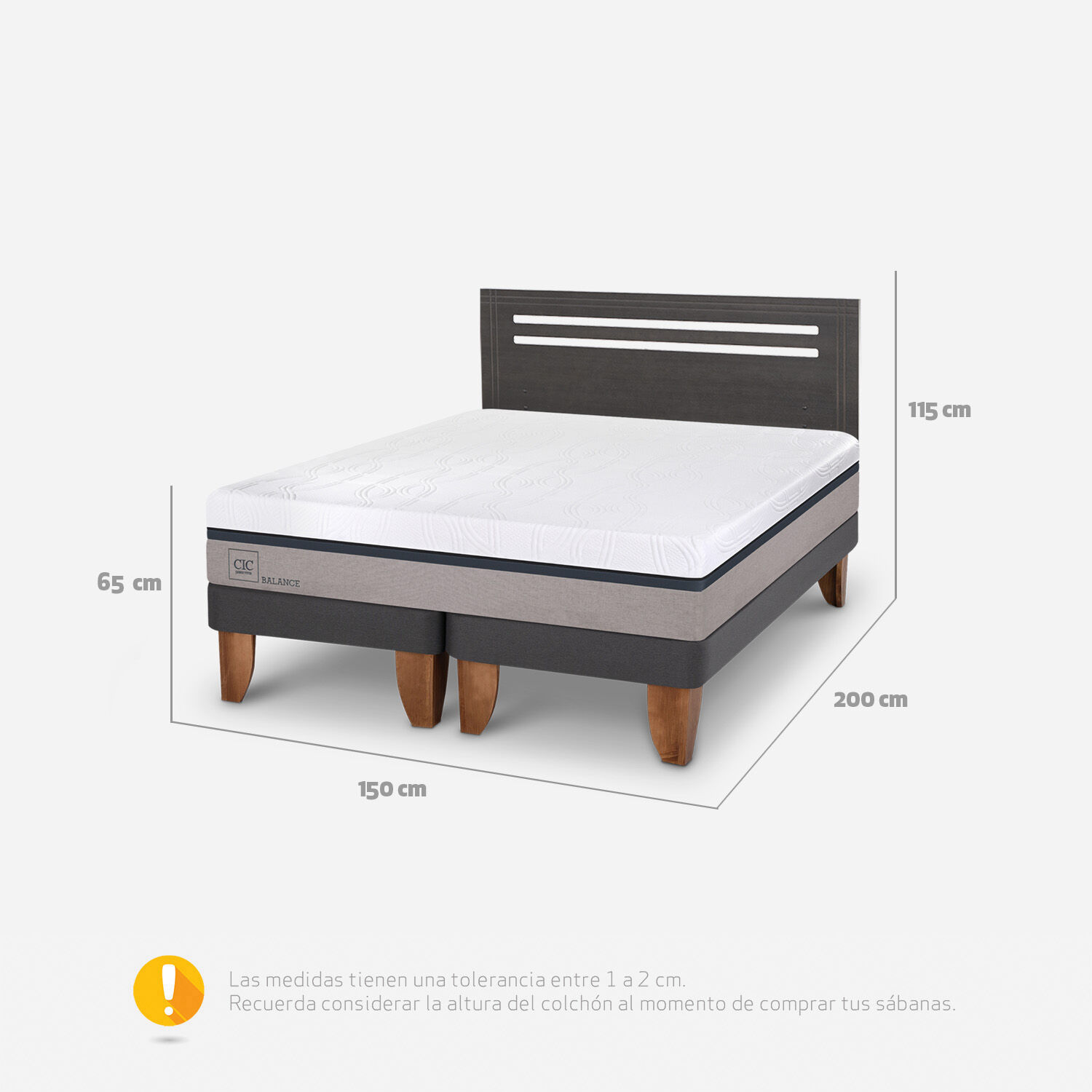 Cama Europea 2 Plazas Balance Base Dividida + Respaldo Munich Gris