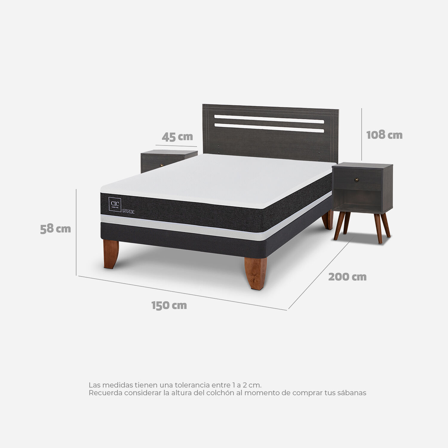 Cama Europea 2 Plazas Ortopedic Base Normal + Set Múnich Gris