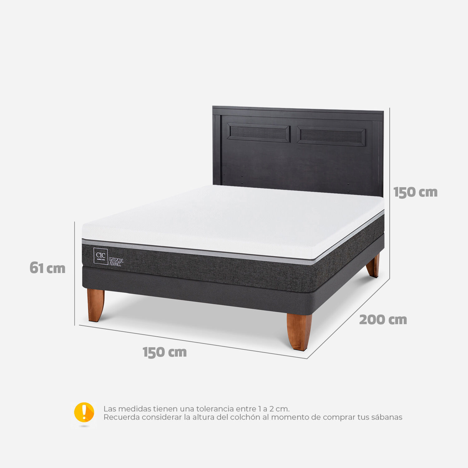 Cama Europea 2 Plazas Ortopedic Advance Base Normal + Respaldo Milán Negro