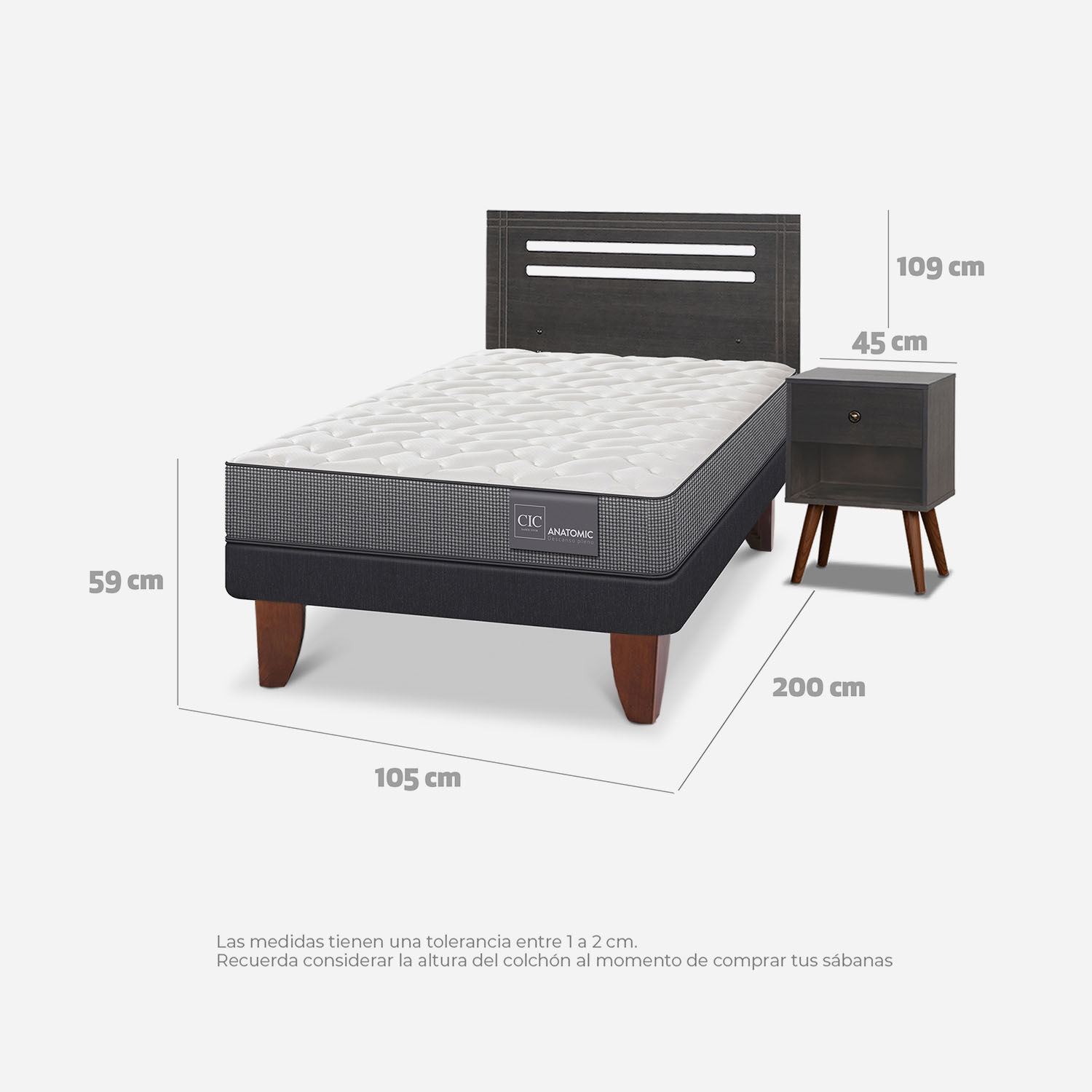 Cama Europea 1,5 Plazas Anatomic + Set Múnich Gris