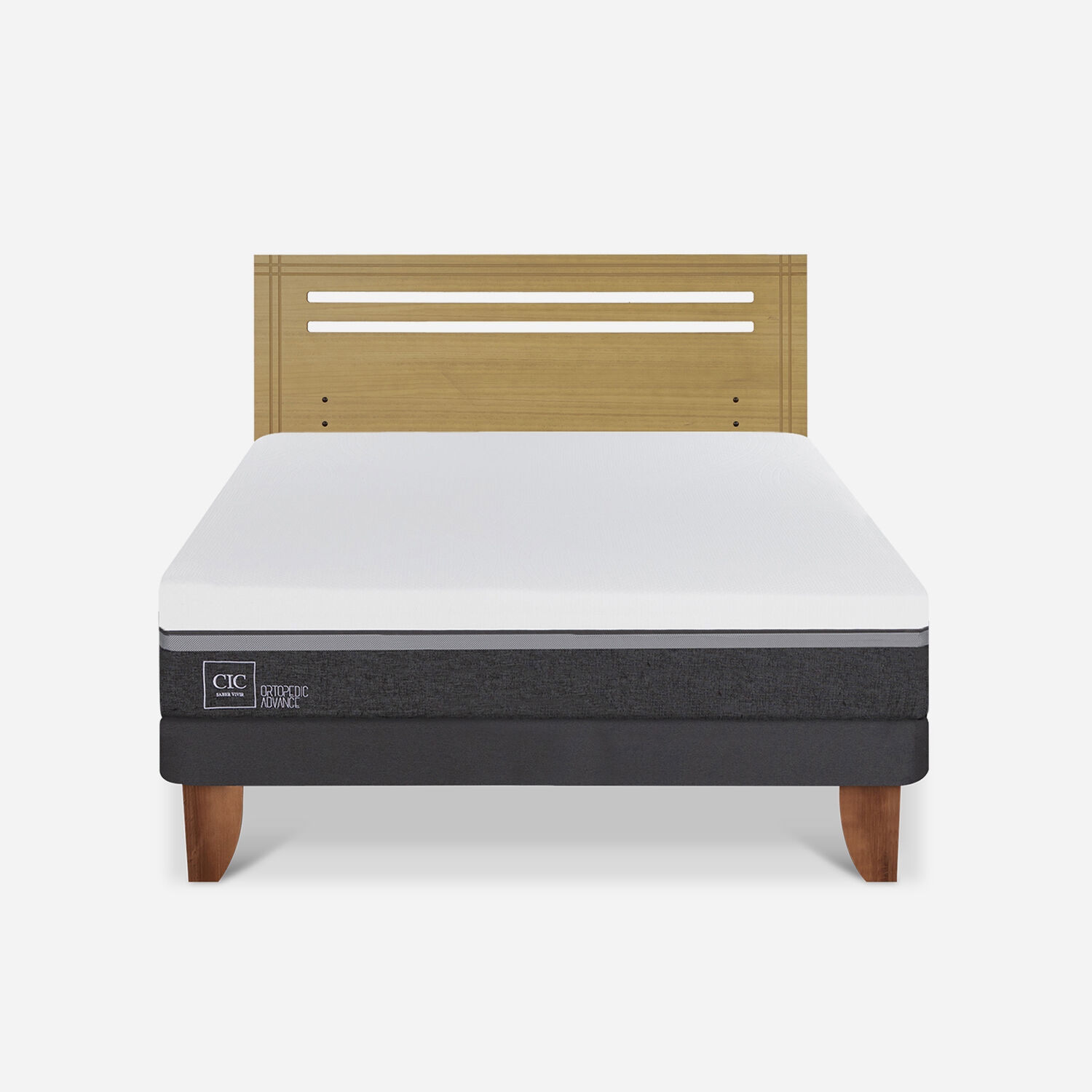 Cama Europea 2 Plazas Ortopedic Advance Base Normal + Respaldo Múnich Mostaza