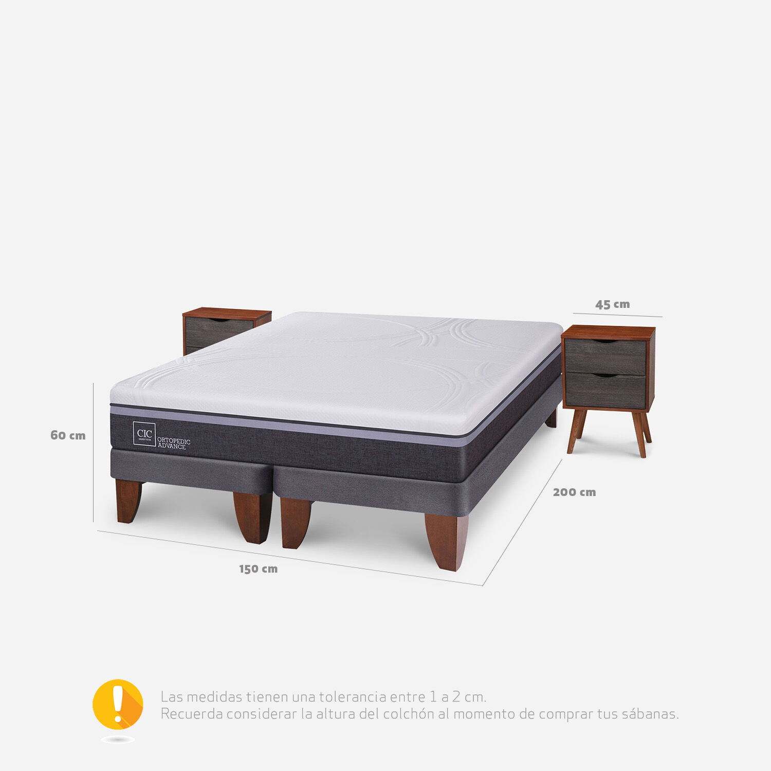 Cama Europea 2 Plazas Base Dividida Ortopedic Advance + Veladores Níger