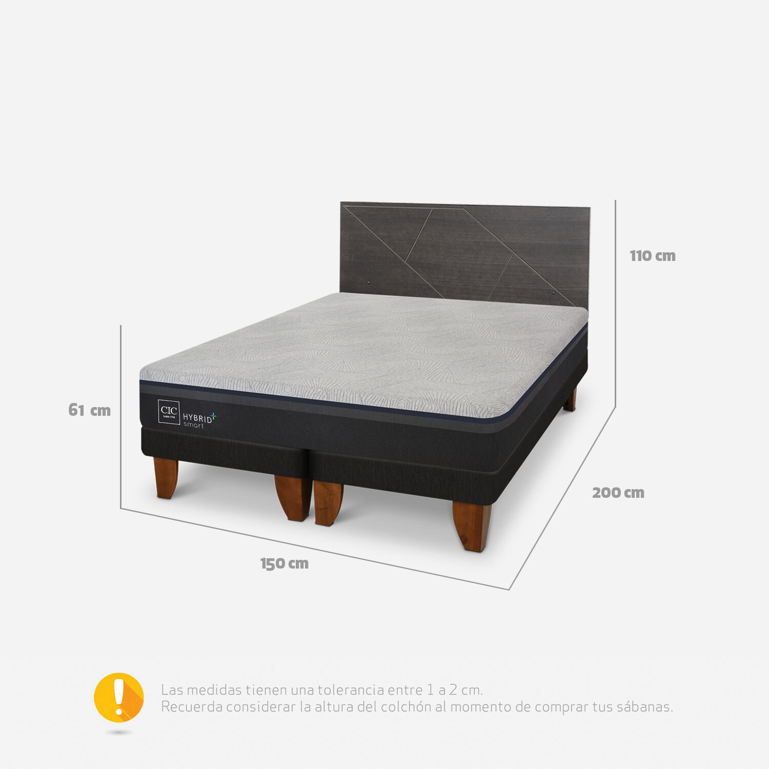 Cama Europea 2 Plazas Hybrid Plus Smart Base Dividida + Respaldo Villarrica Gris