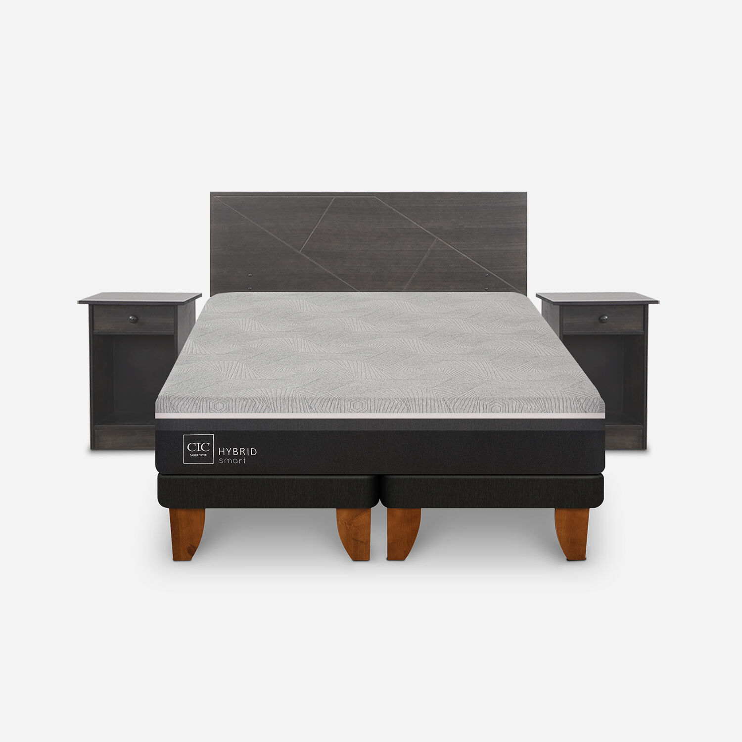 Cama Europea 2 Plazas Hybrid + Set Villarrica Gris