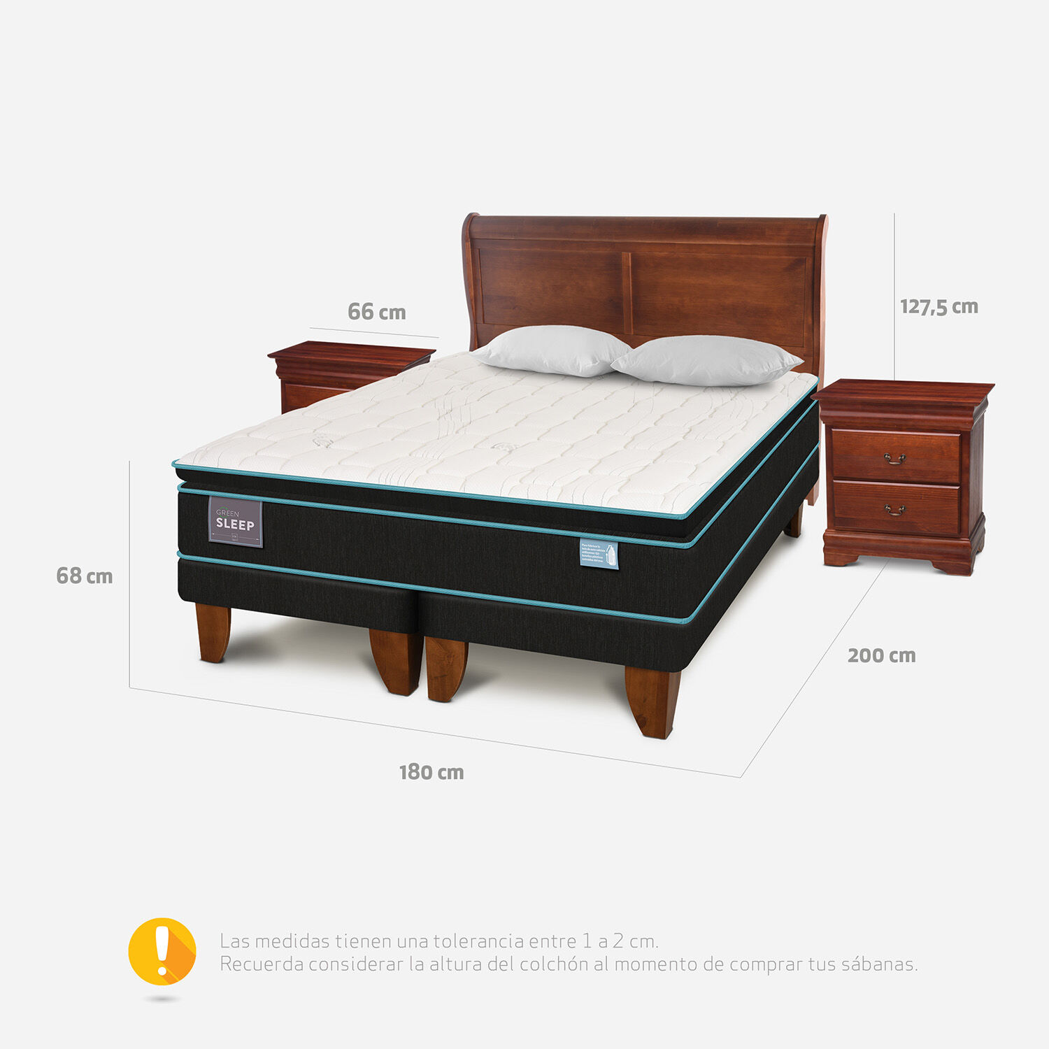 Cama Europea King Green Sleep + Set Mir&oacute; Caramel + Almohadas Viscoel&aacute;sticas