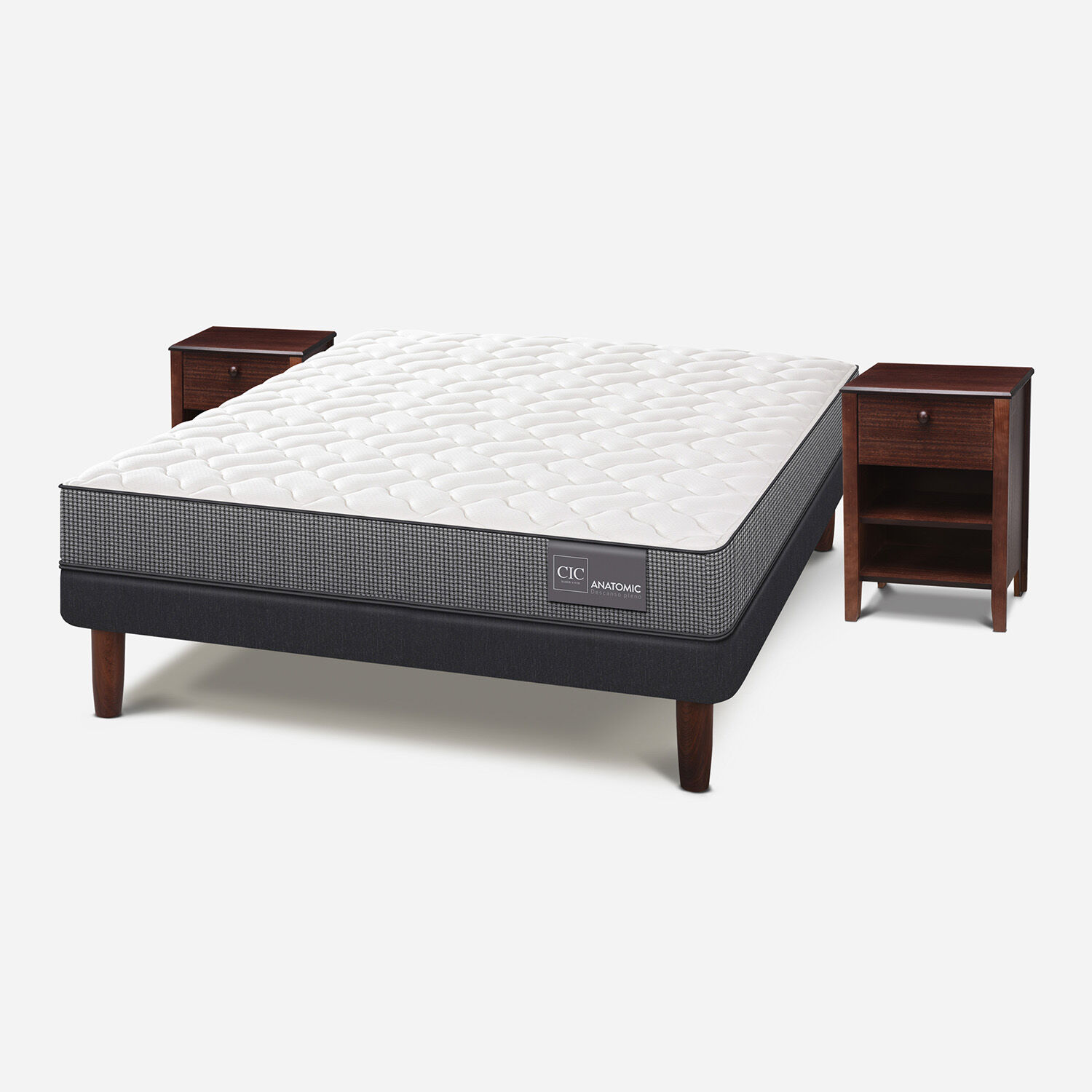 Cama Europea 2 Plazas Base Normal Anatomic + Veladores Torino Choc