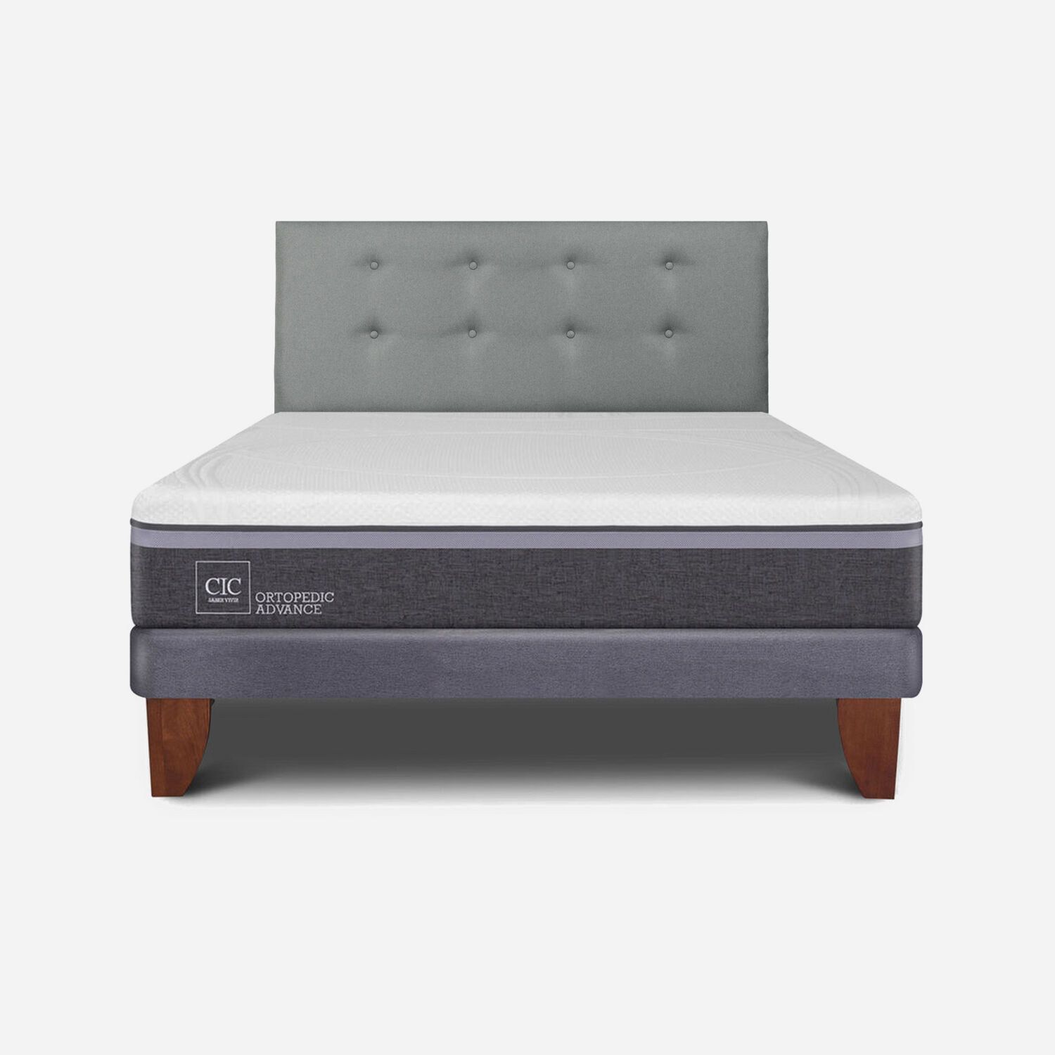 Cama Europea 2 Plazas Ortopedic Advance Base Normal + Respaldo Tapizado Gris