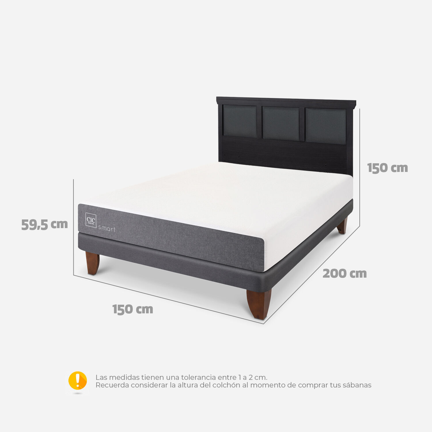 Cama Europea 2 Plazas Smart Base Normal + Respaldo Torino Negro