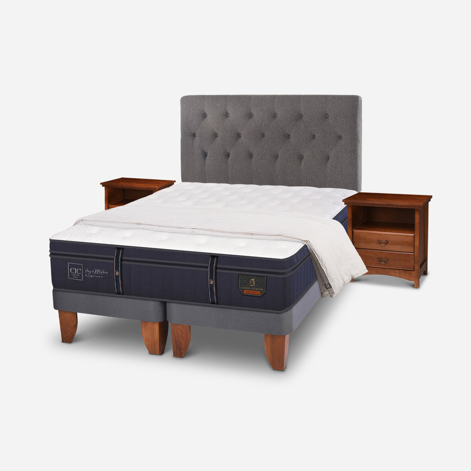 Cama Europea 2 Plazas Grand Premium Base Dividida + Set Kavery + Plum&oacute;n 15% Pluma de Ganso