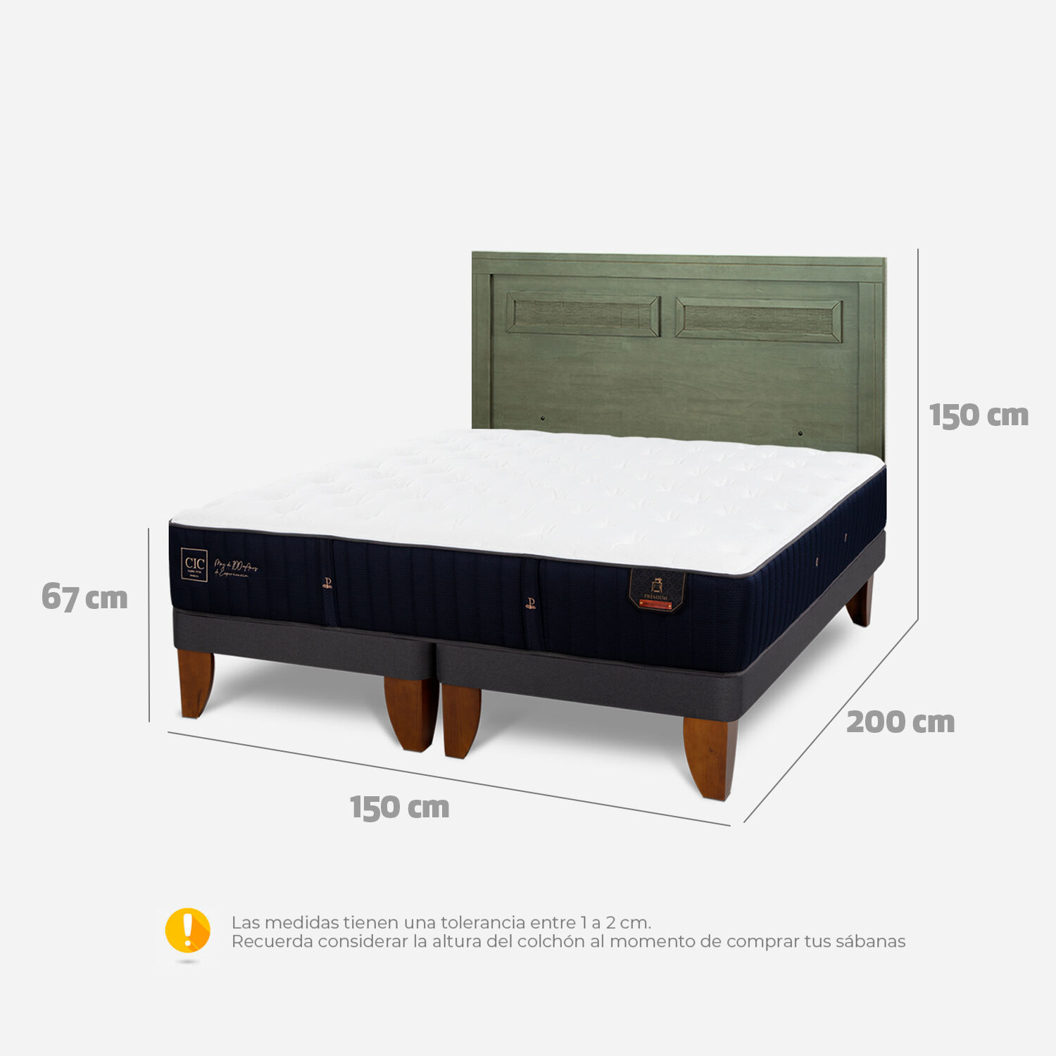 Cama Europea 2 Plazas Premium Base Dividida + Respaldo Milán Olivo