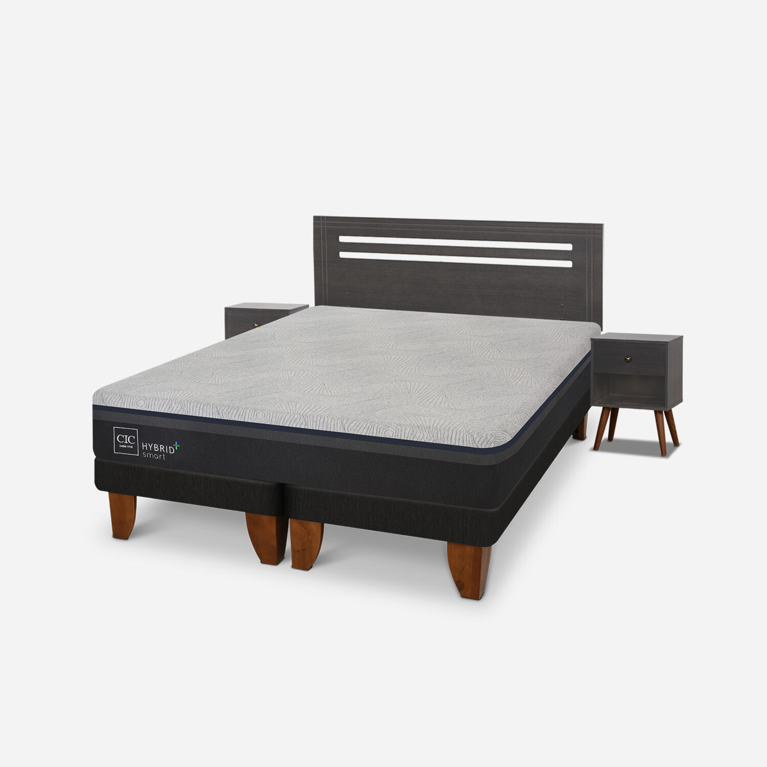 Cama Europea 2 Plazas Hybrid Plus Smart Base Dividida + Set Munich Gris