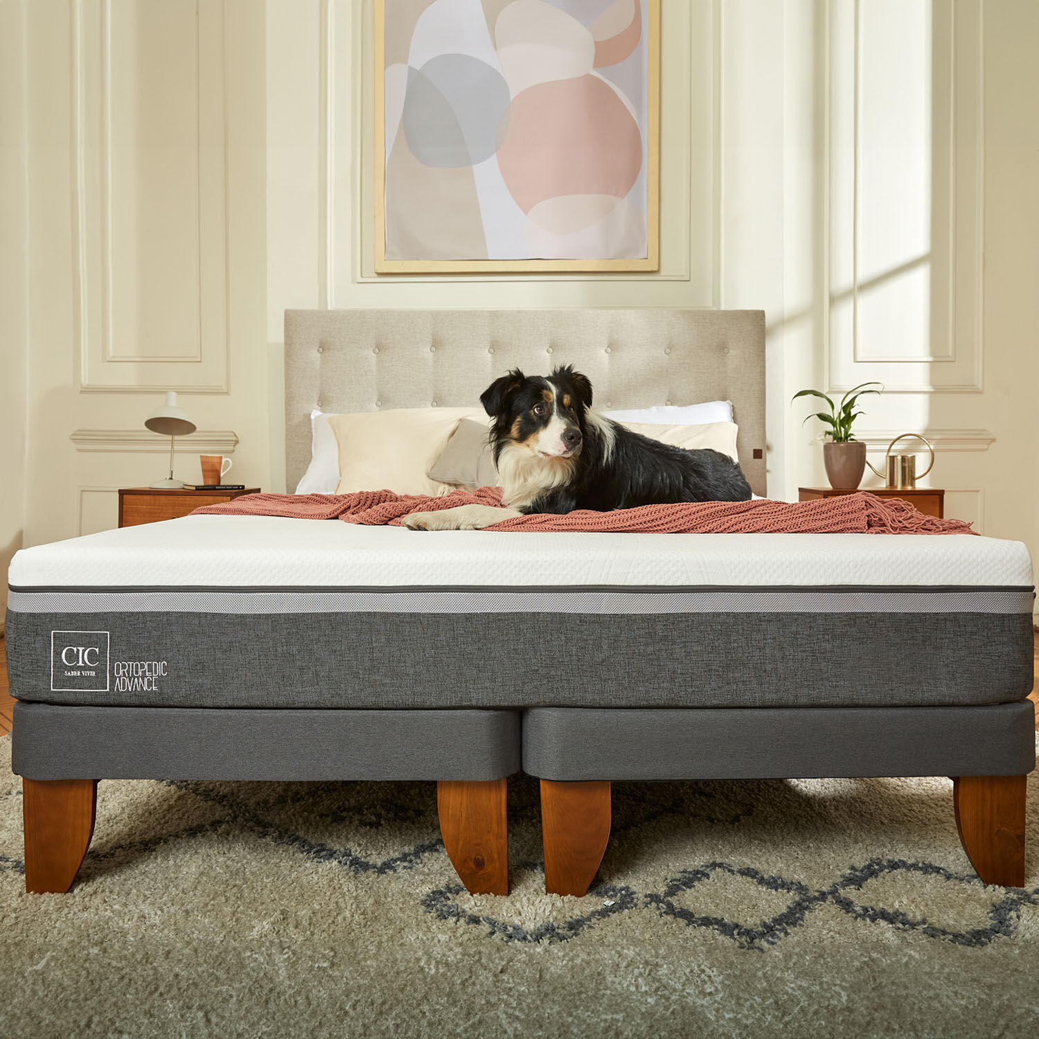 Cama Europea King Ortopedic Advance + Respaldo Villarrica Mostaza