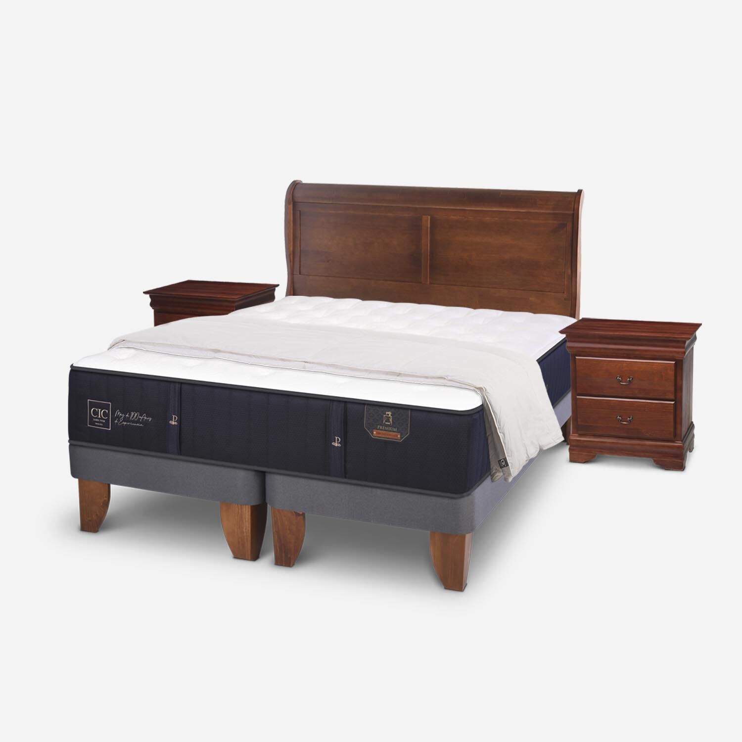 Cama Europea 2 Plazas Base Dividida Premium + Set Miró + Almohadas 15% de Pluma de Ganso