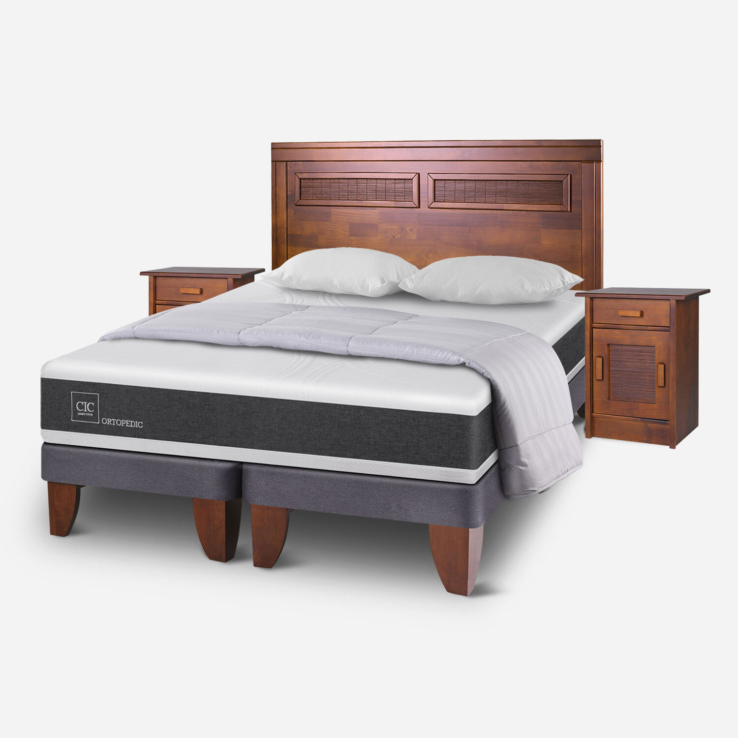 Cama Europea King Ortopedic + Set Mil&aacute;n Caramel + Almohadas + Plum&oacute;n Plumas