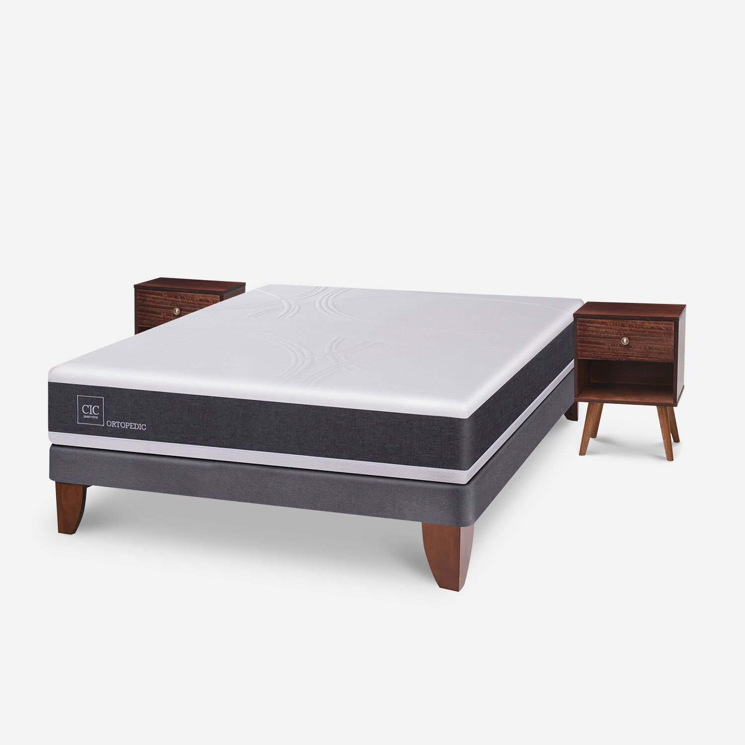 Cama Europea 2 Plazas Ortopedic Base Normal + Veladores M&uacute;nich Chocolate