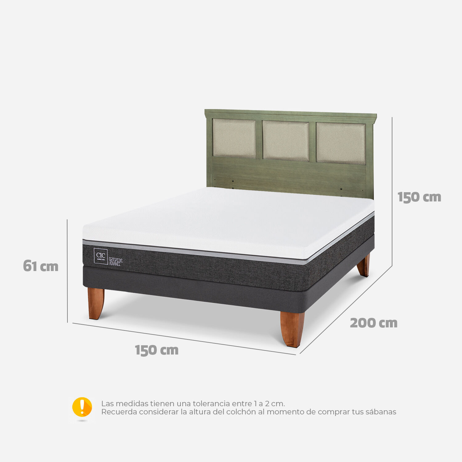 Cama Europea 2 Plazas Ortopedic Advance Base Normal + Respaldo Torino Olivo