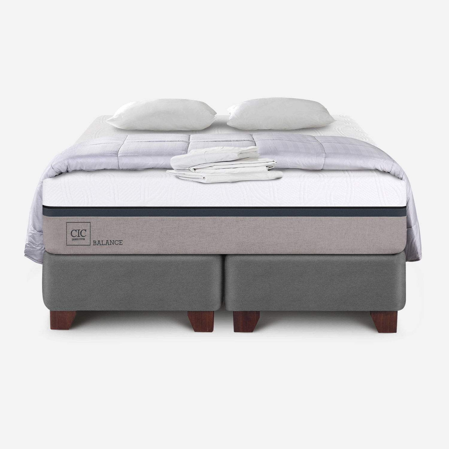 Box Spring 2 Plazas Balance Base Dividida + Almohadas + Plum&oacute;n + S&aacute;banas