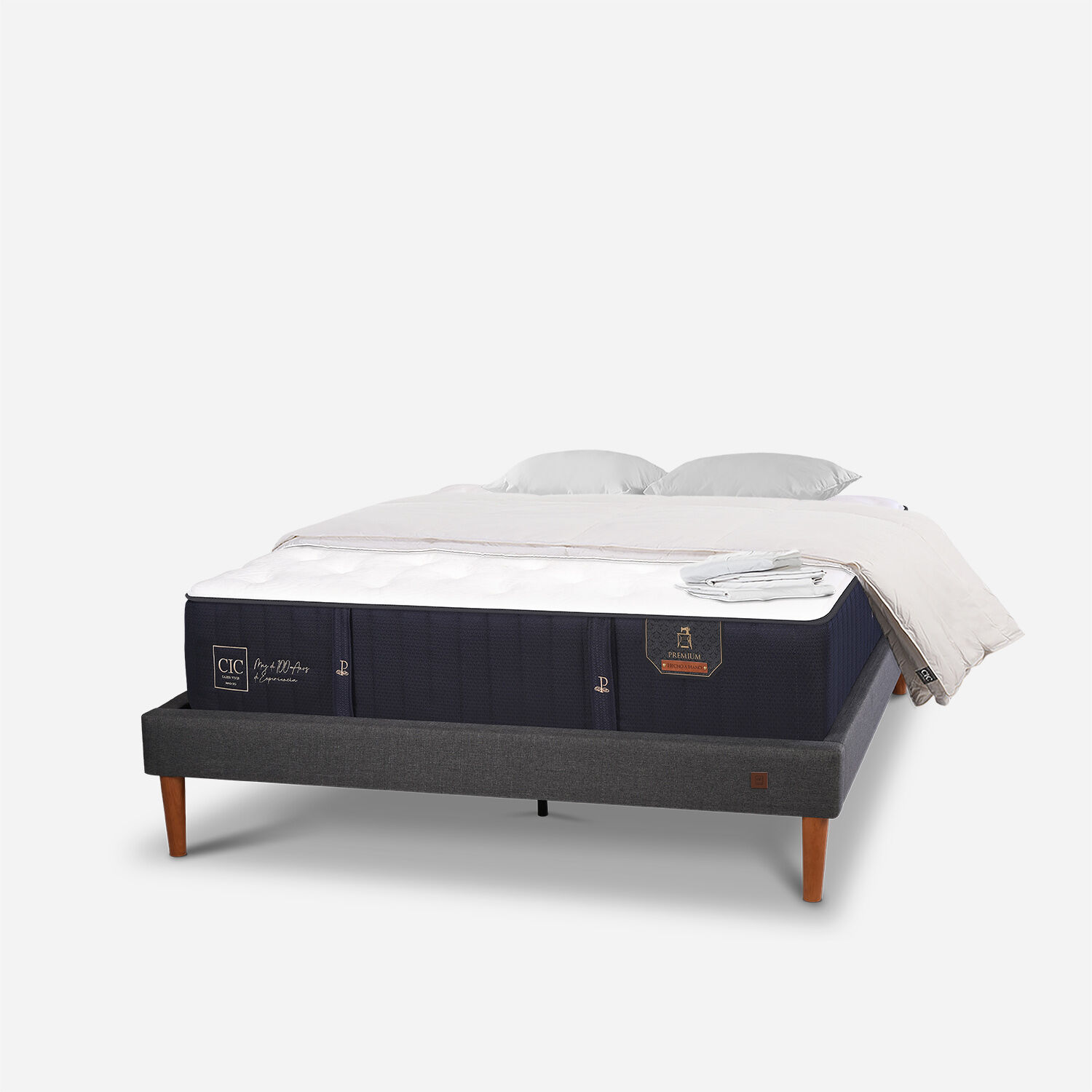 Cama Europea Curve 2 Plazas Premium + Plum&oacute;n + S&aacute;banas + Almohadas