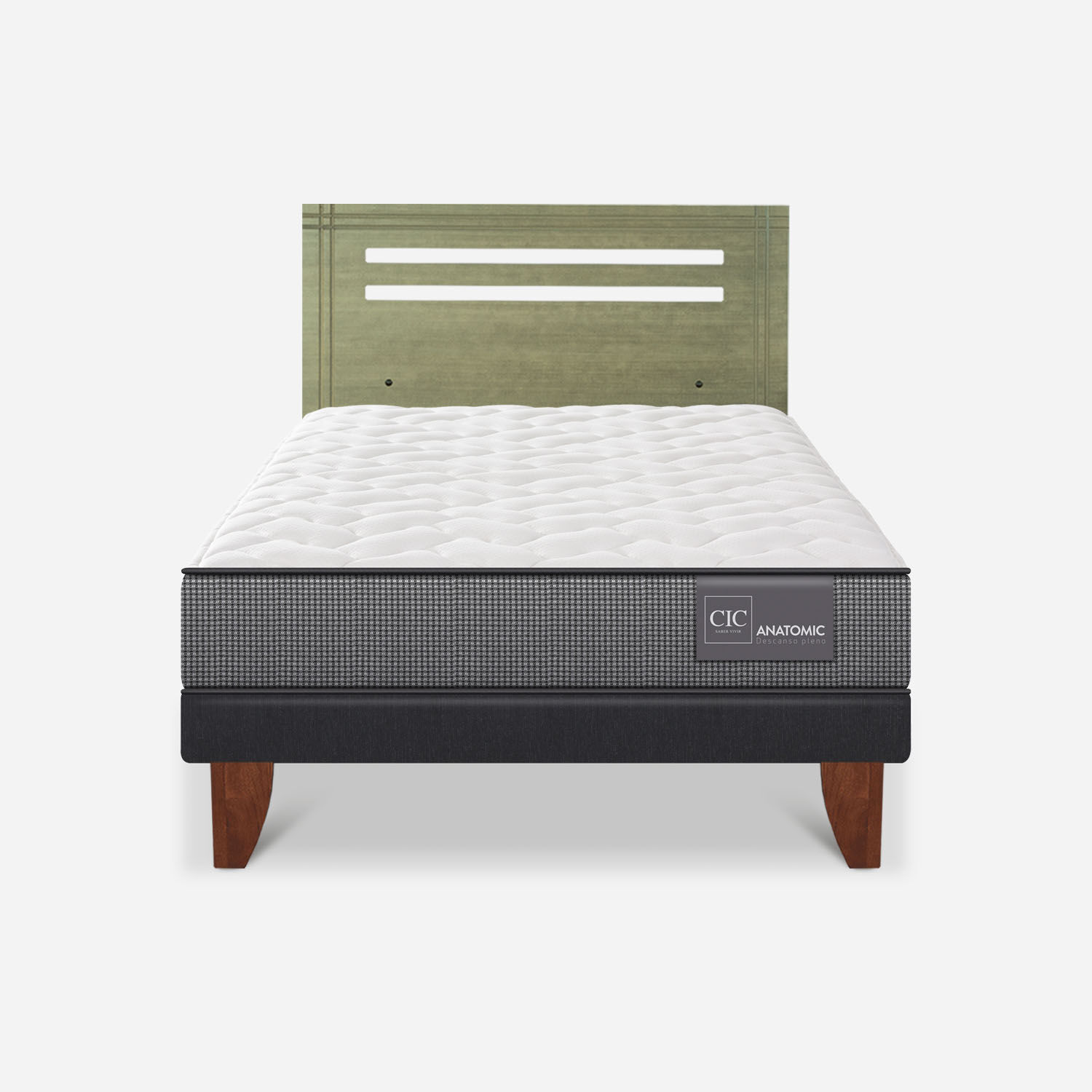 Cama Europea 1,5 Plazas Anatomic + Respaldo M&uacute;nich Olivo