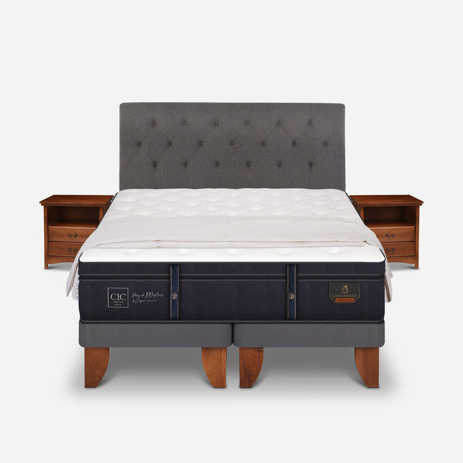 Cama Europea 2 Plazas Grand Premium Base Dividida + Set Kavery + Plum&oacute;n 15% Pluma de Ganso