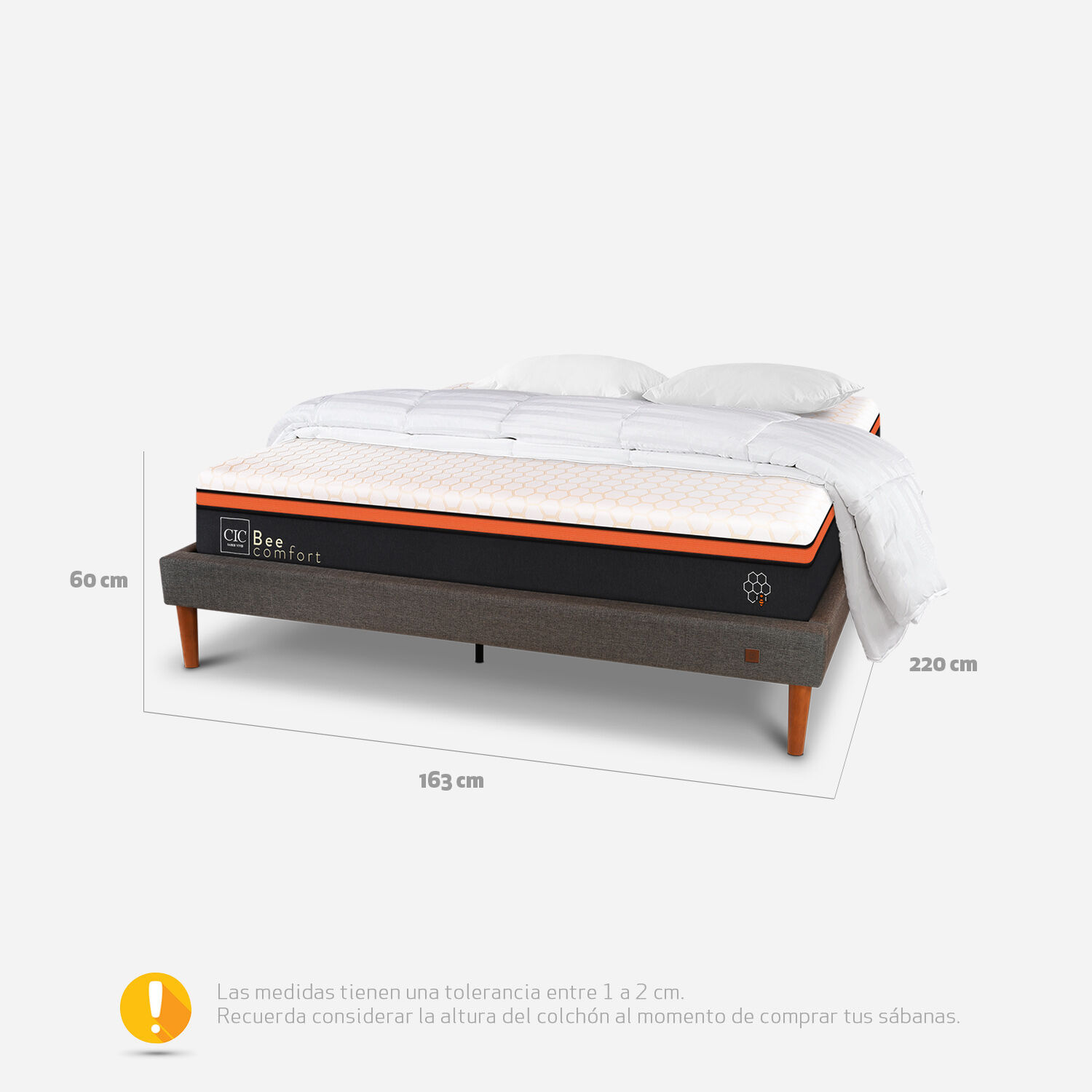 Cama Europea Curve 2 Plazas Bee Comfort + Almohadas Viscoelásticas + Plumón